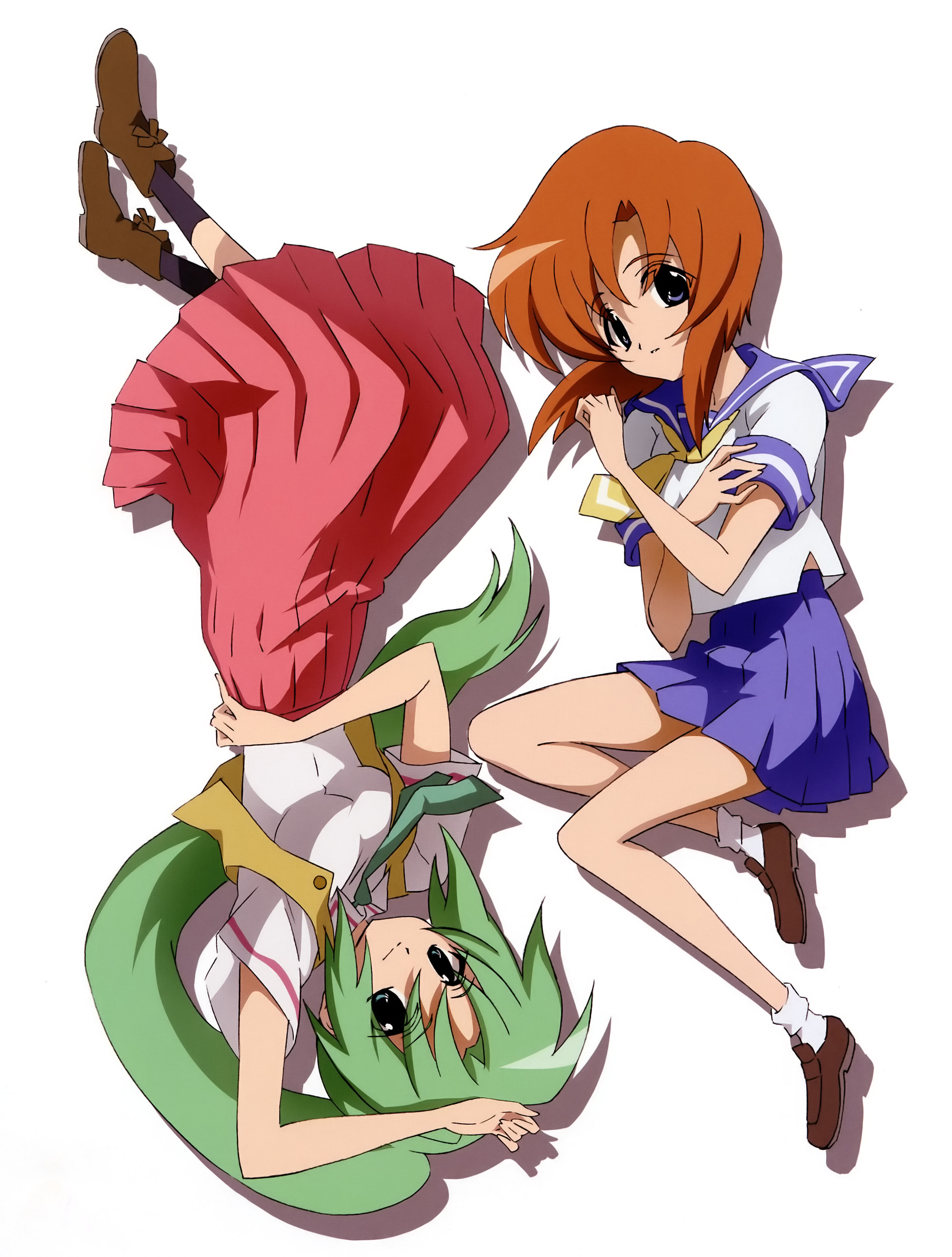 numata seiya, ryuuguu rena, sonozaki mion, higurashi no naku koro ni, black legwear, white legwear, absurdres, highres, scan, 00s, 2girls, bobby socks, long hair, multiple girls, neckerchief, ponytail, school uniform, serafuku, simple background, socks, very long hair, white background, yellow neckerchief