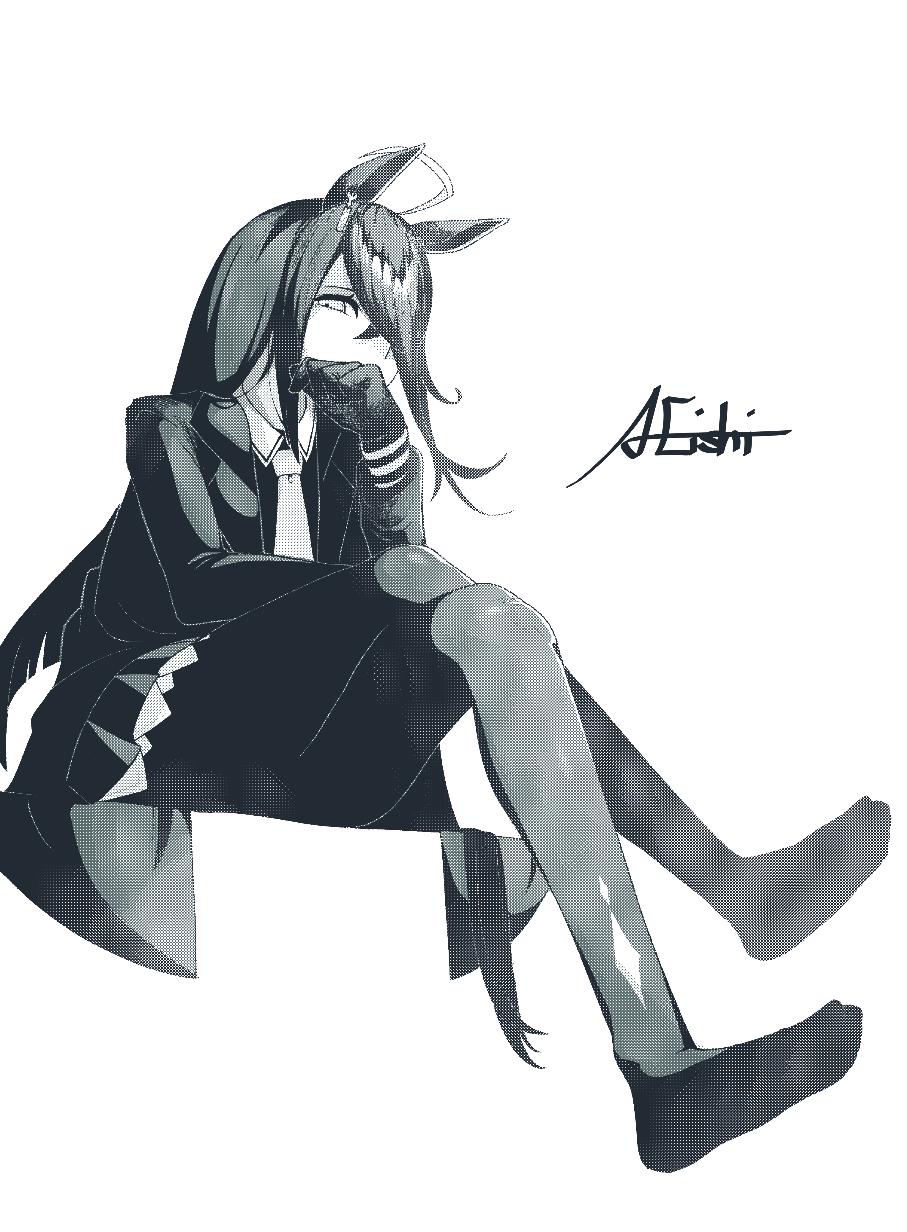 a4 (a4 eishi), manhattan cafe (umamusume), umamusume, absurdres, highres, 1girl, ahoge, animal ears, artist name, barefoot, coat, collared shirt, crossed legs, ear ornament, ear tag, earrings, gloves, hair over one eye, hand up, horse ears, horse girl, horse tail, jewelry, long bangs, long hair, long sleeves, looking at another, looking at viewer, multicolored hair, necktie, open clothes, open coat, pantyhose, pleated skirt, shirt, signature, single earring, sitting, skirt, solo, tail, very long hair
