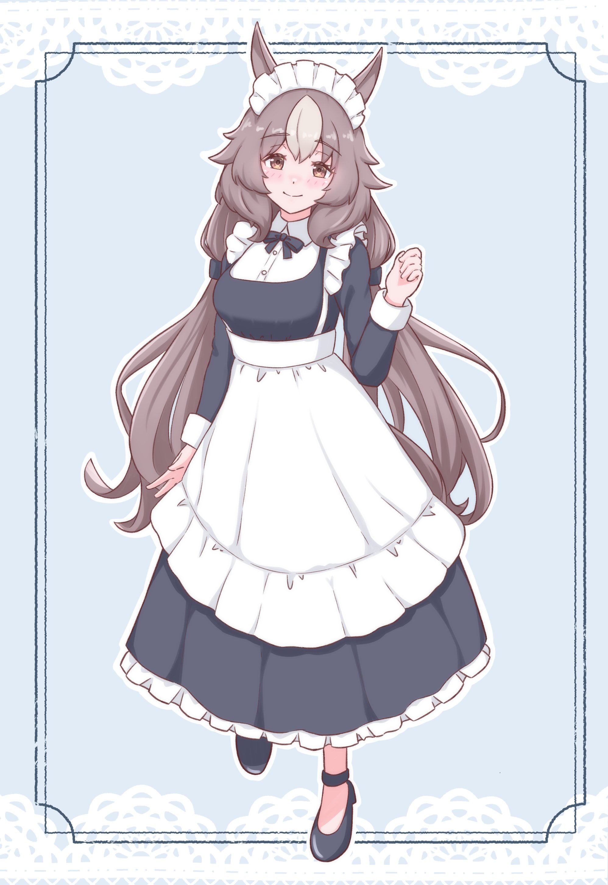 yozakuraplanet-nanaari, yamanin zephyr (umamusume), umamusume, absurdres, highres, 1girl, alternate costume, animal ears, apron, black dress, blush, breasts, brown eyes, brown hair, closed mouth, dress, hair between eyes, horse ears, horse girl, horse tail, long hair, long sleeves, looking at viewer, maid, maid apron, maid headdress, medium breasts, multicolored hair, smile, solo, tail, white apron, white hair
