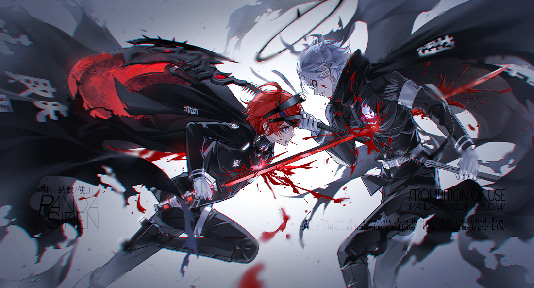 pandasiren, aotsuki eito, sumino takumi, the hundred line -last defense academy-, chinese commentary, mixed-language commentary, spoilers, 2boys, ahoge, armband, belt, black boots, black cape, black cloak, black halo, black jacket, black pants, black streaks, blood, blue eyes, boots, cape, clenched teeth, cloak, duel, french commentary, gakuran, geta, glasses, gloves, grey hair, halo, holding, holding scythe, holding sword, holding weapon, impaled, jacket, last defense academy school uniform, lofter username, looking at another, male focus, multicolored hair, multiple boys, official alternate hairstyle, pants, purple eyes, red hair, school uniform, scythe, short hair, streaked hair, sword, teeth, torn cape, torn cloak, torn clothes, watermark, weapon, white armband, white belt, white gloves