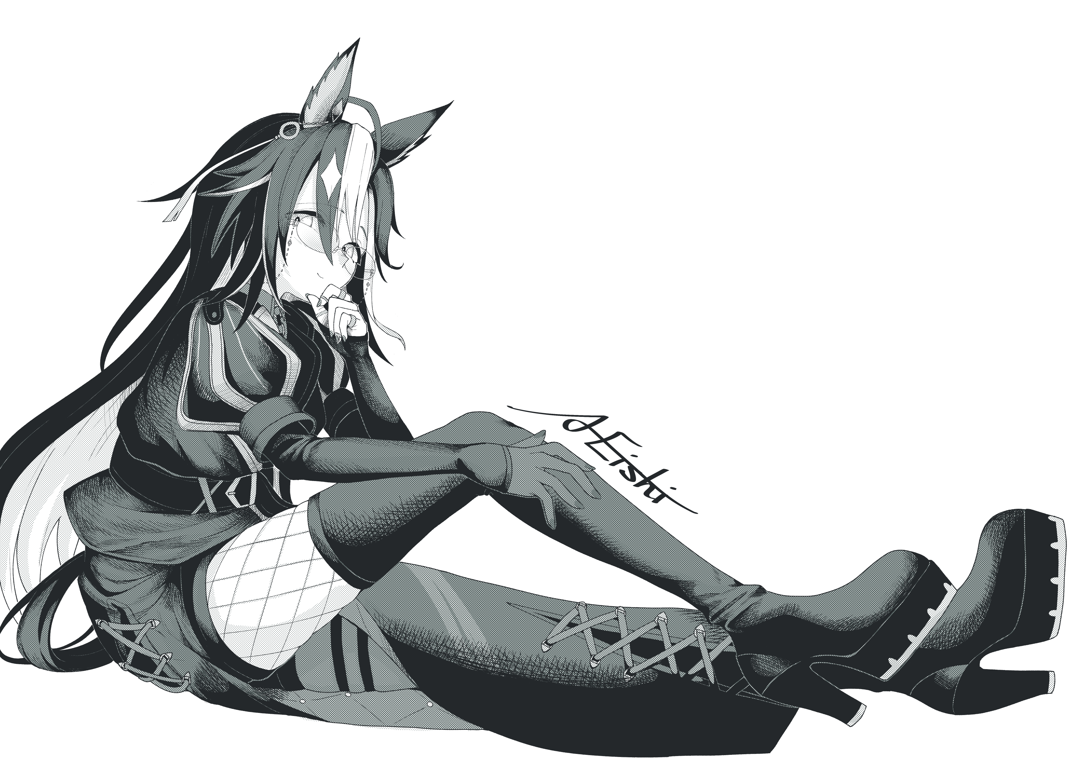 a4 (a4 eishi), dream journey (umamusume), umamusume, absurdres, highres, 1girl, animal ear fluff, animal ears, artist name, boots, closed mouth, coat, colored inner hair, cross-laced hairband, eyewear strap, fishnets, glasses, greyscale, hair between eyes, hair ribbon, hand up, high heel boots, high heels, horse ears, horse girl, horse tail, jewelry, lace-up boots, long sleeves, looking at viewer, monochrome, multicolored hair, multiple rings, puffy sleeves, ribbon, ring, signature, simple background, smile, solo, tail, white background