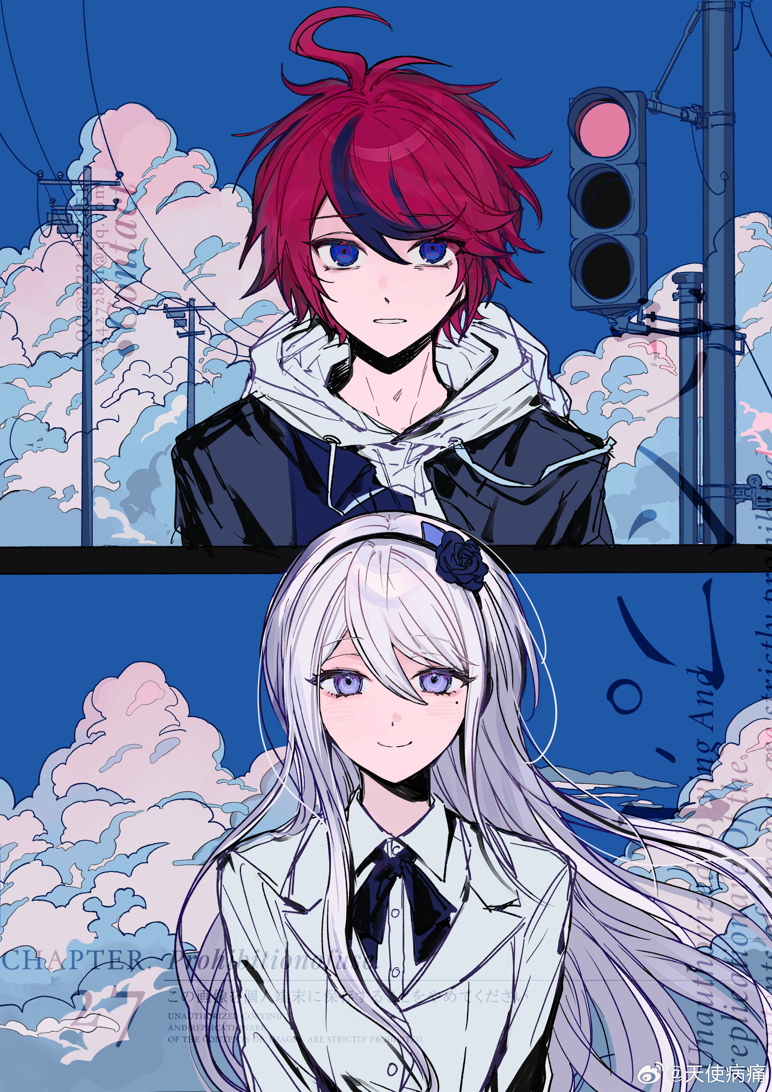 kashimiya karua, sumino takumi, the hundred line -last defense academy-, absurdres, artist request, chinese commentary, commentary request, commission, highres, mixed-language commentary, second-party source, 1boy, 1girl, ahoge, black flower, black hairband, black jacket, black ribbon, black rose, blue eyes, blue hair, blue sky, buttons, closed mouth, cloud, collared shirt, cumulonimbus cloud, day, drawstring, flower, hair between eyes, hair flower, hair ornament, hairband, hood, hood down, hoodie, jacket, jacket over hoodie, lapels, long hair, mole, mole under eye, multicolored hair, neck ribbon, notched lapels, open clothes, open jacket, outdoors, purple eyes, red hair, ribbon, rose, shirt, short hair, sky, smile, streaked hair, too many watermarks, traffic light, two-tone hair, watermark, weibo watermark, white hair, white hoodie, white jacket, white shirt