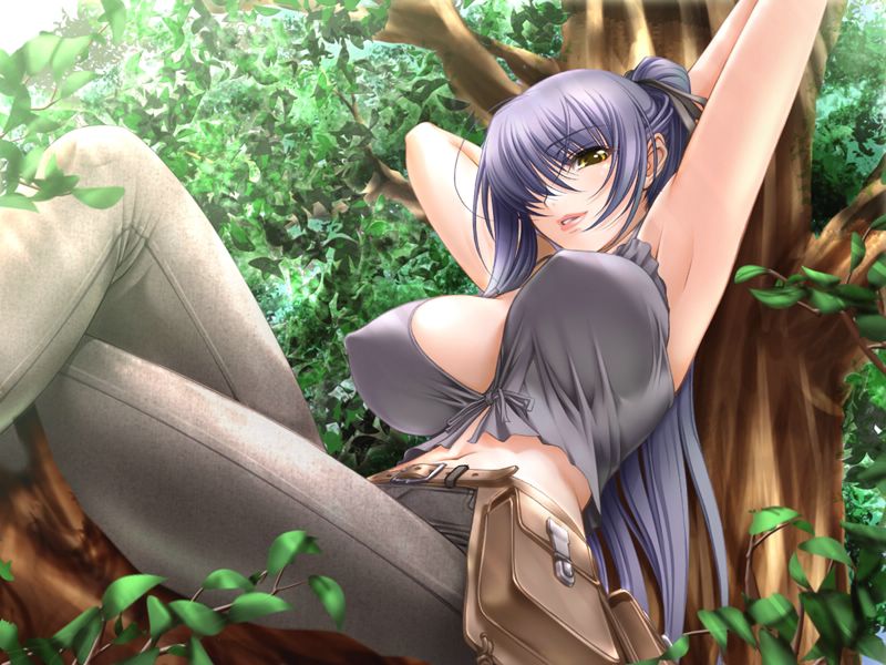 sano toshihide, ogushi yuniko, g.j?, shichinin no online gamers, 1girl, against tree, armpits, arms behind head, arms up, belt, belt pouch, blue hair, breasts, breasts apart, camisole, covered erect nipples, crop top, crossed legs, denim, female focus, from side, front-tie top, grin, hair over one eye, hair ribbon, huge breasts, in tree, jeans, lipstick, long hair, looking at viewer, makeup, midriff, nature, navel, outdoors, pants, ponytail, pouch, ribbon, sitting, sitting in tree, smile, solo, sunlight, tree, very long hair, wide hips, yellow eyes