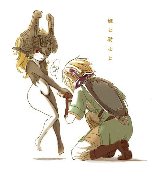 inumimi moeta, link, midna, nintendo, the legend of zelda, the legend of zelda: twilight princess, translated, 1boy, 1girl, blonde hair, blush, boots, colored sclera, helmet, hetero, holding hands, kiss, kissing hand, kneeling, long hair, master sword, on one knee, one eye covered, orange hair, red eyes, shield, shield on back, sword, tunic, weapon, yellow sclera