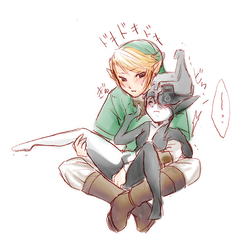 link, midna, nintendo, the legend of zelda, the legend of zelda: twilight princess, 1boy, 1girl, blonde hair, blush, fingering, hetero, pointy ears, simple background