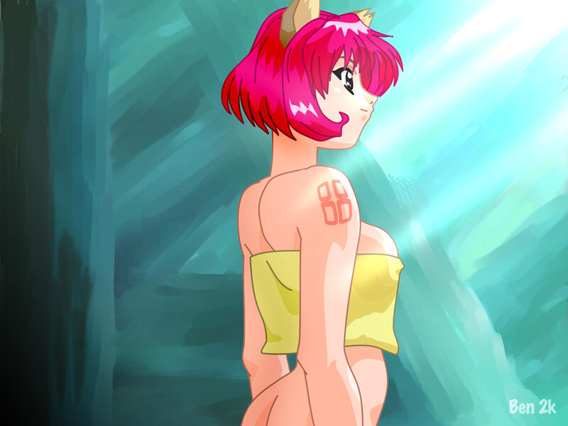 ben (artist), kizna towryk, megami kouhosei, 1girl, animal ears, ass, bottomless, breasts, cat ears, female focus, happy, no bra, pink hair, purple eyes, sideboob, smile, solo, tattoo