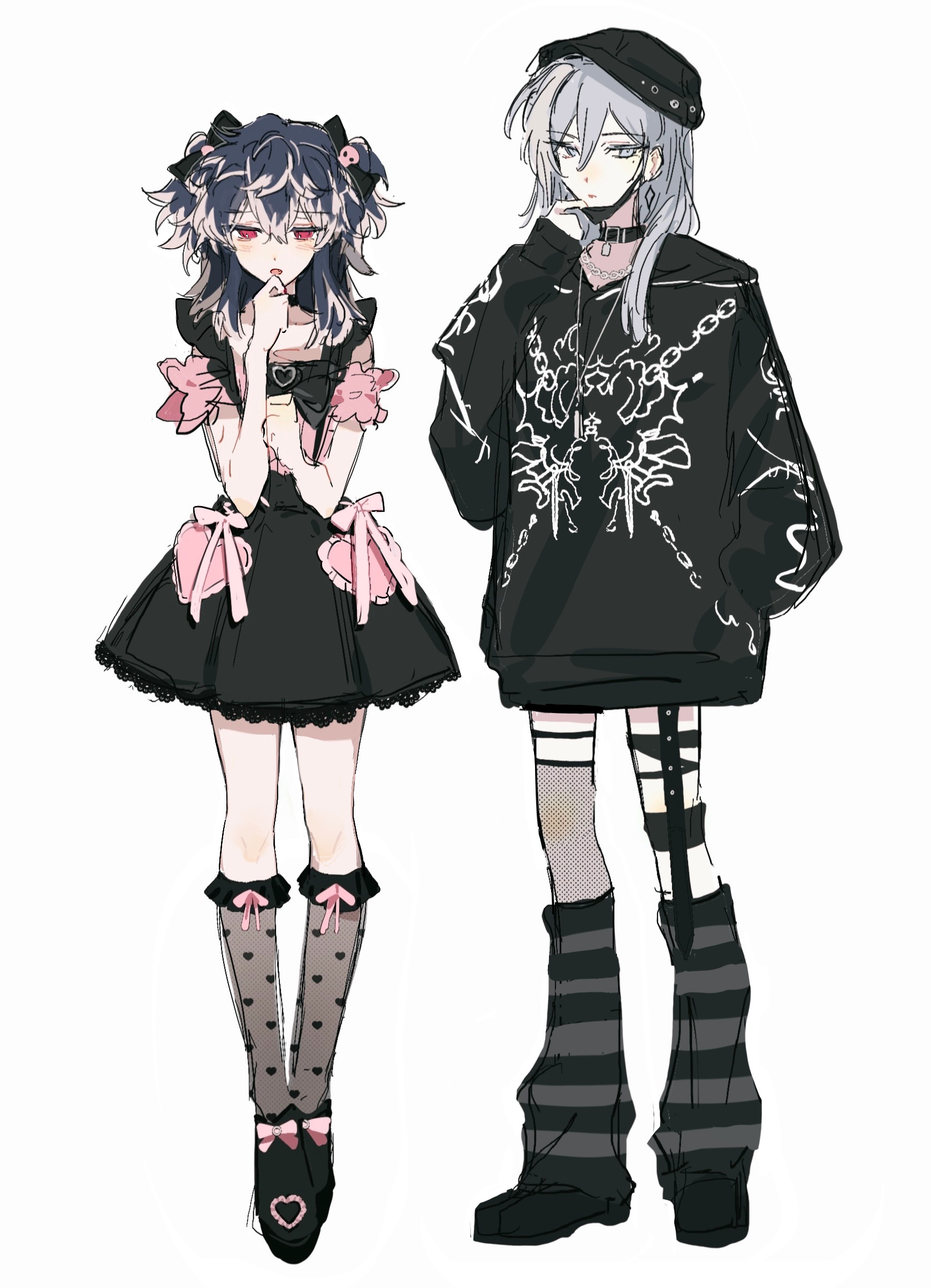 fantasticfish, momo (idolish7), yuki (idolish7), idolish7, absurdres, highres, 2girls, :o, belt, belt collar, beret, black belt, black hair, black hat, black hoodie, black leg warmers, black mask, black ribbon, black thighhighs, blouse, blush, boots, bow, chain, chain necklace, choker, collar, colored tips, detached sleeves, ear piercing, earrings, expressionless, fishnet thighhighs, fishnets, frilled shirt, frilled skirt, frills, full body, garter straps, genderswap, genderswap (mtf), grey eyes, grey hair, hair bow, hair ornament, hand in pocket, hat, high-waist skirt, hood, hood down, hoodie, jewelry, jirai kei, lace, lace-trimmed thighhighs, lace trim, leg warmers, long hair, looking at viewer, looking down, mask, mask pull, medium hair, mouth mask, multicolored hair, multiple girls, necklace, open belt, open mouth, piercing, pink eyes, pink shirt, print hoodie, ribbon, ribbon-trimmed sleeves, ribbon trim, see-through clothes, see-through legwear, shirt, short sleeves, shy, skirt, skull hair ornament, sleeveless, sleeveless shirt, streaked hair, studded, thighhighs, twintails