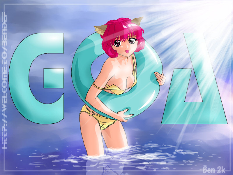 ben (artist), kizna towryk, megami kouhosei, 1girl, animal ears, bikini, breasts, cat ears, female focus, happy, innertube, looking at viewer, pink hair, purple eyes, smile, solo, swim ring, swimsuit, water