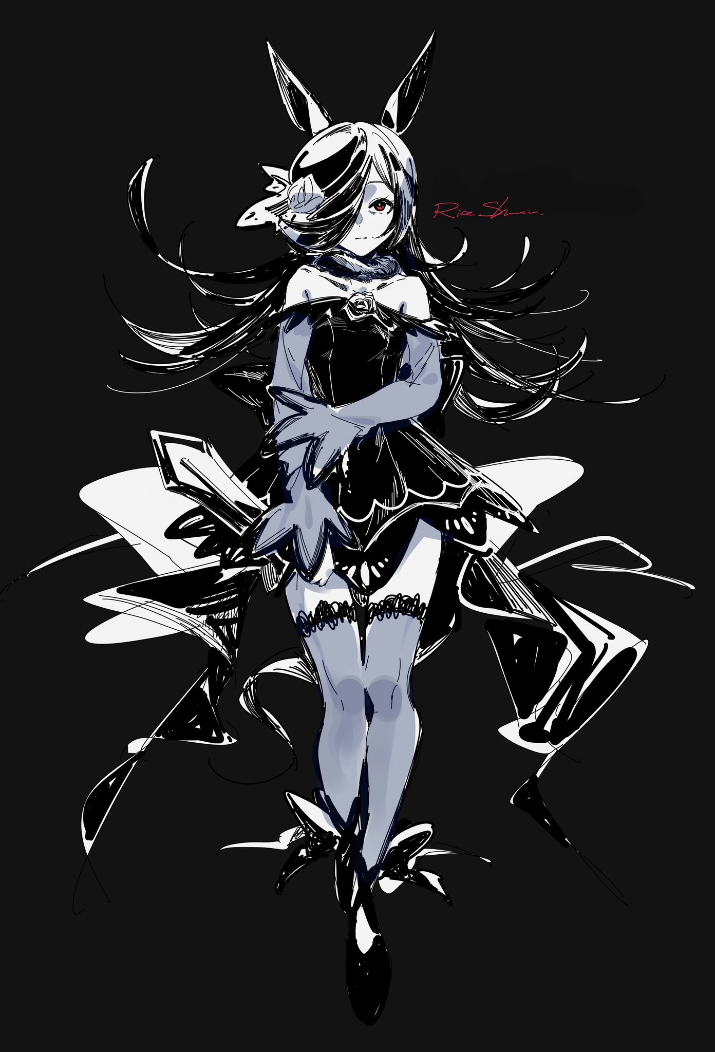 ohayonabeno, rice shower (rosy dreams) (umamusume), rice shower (umamusume), umamusume, highres, 1girl, animal ears, bare shoulders, black background, bowler hat, breasts, closed mouth, collarbone, detached collar, dress, fascinator, flipped hair, flower, hair over one eye, hat, hat flower, horse ears, horse girl, horse tail, long hair, long sleeves, looking at viewer, monochrome, off-shoulder dress, off shoulder, red eyes, rose, solo, tail, thighhighs, tilted headwear