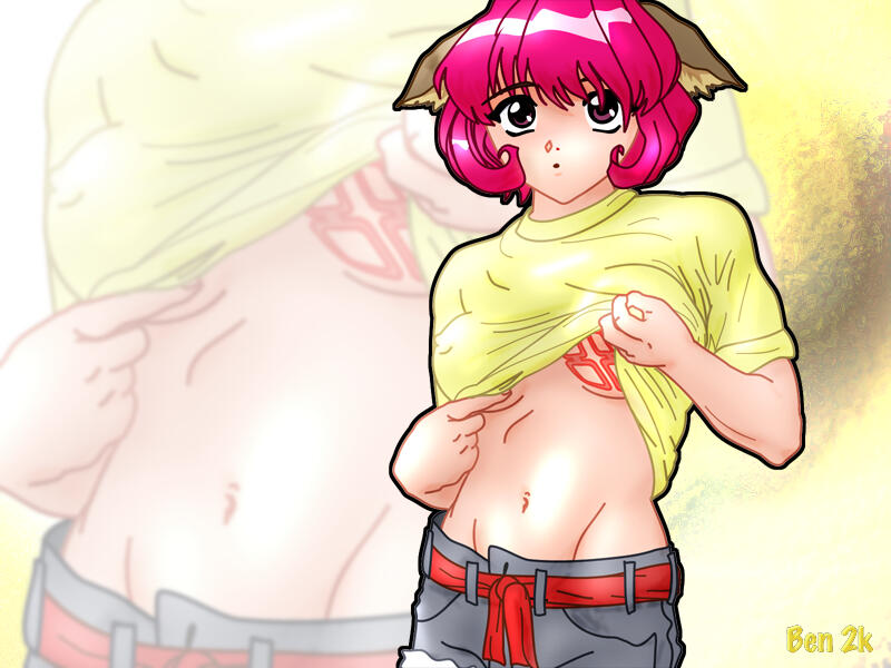 ben (artist), kizna towryk, megami kouhosei, 1girl, animal ears, blush, breasts, cat ears, female focus, looking at viewer, navel, no bra, pink hair, purple eyes, solo, tattoo