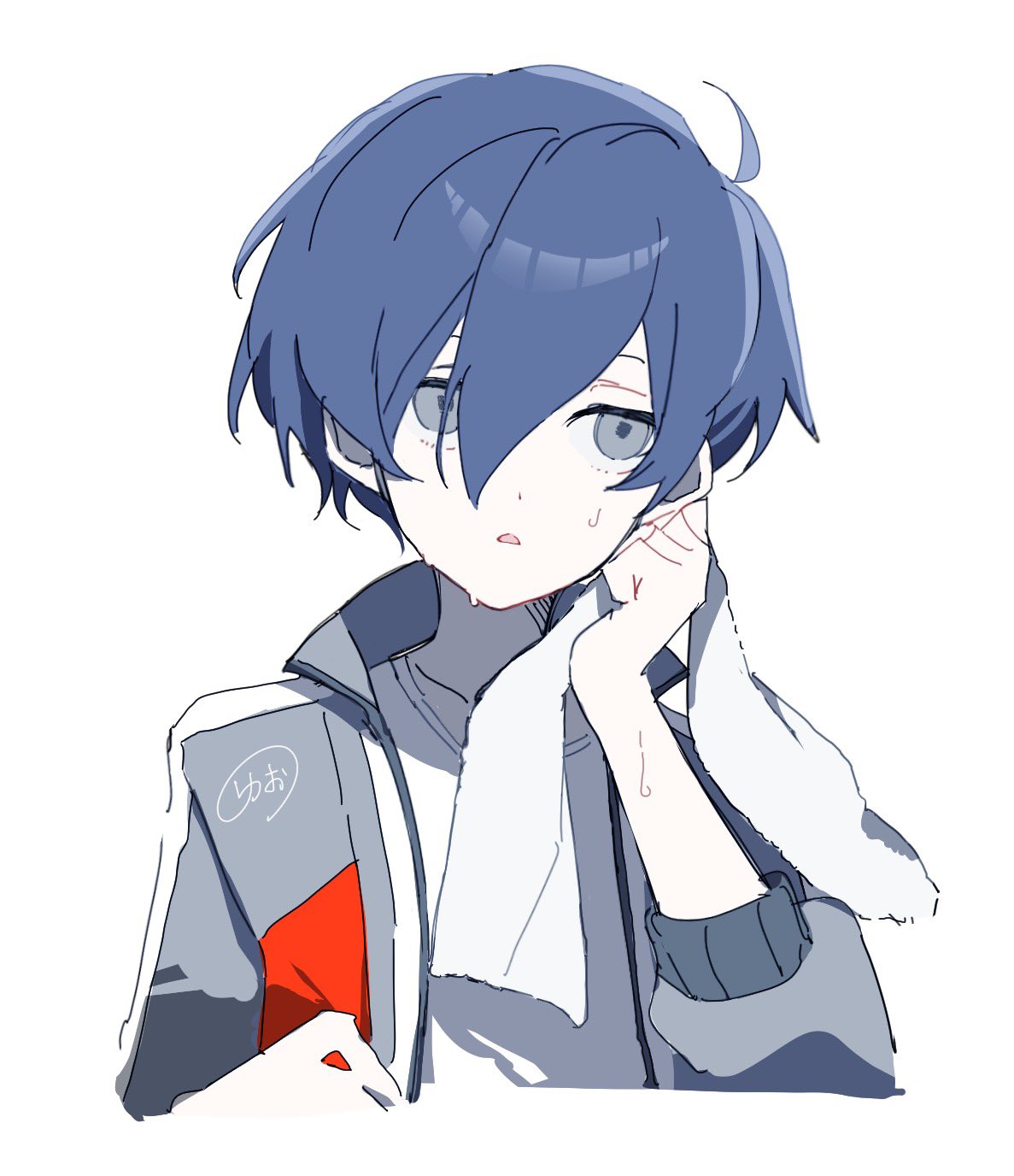 nodoka906, yuuki makoto (persona 3), persona, persona 3, highres, 1boy, ahoge, blue hair, cropped torso, dot nose, double-parted bangs, grey eyes, grey jacket, holding, holding towel, jacket, long sleeves, looking to the side, male focus, open clothes, open jacket, open mouth, short hair, sideways glance, simple background, solo, sweat, towel, track jacket, white background, wiping face