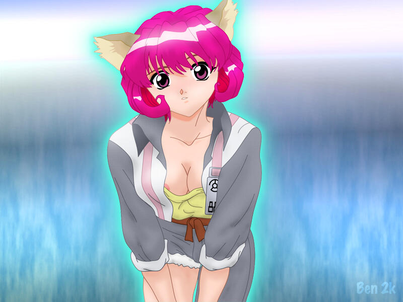 ben (artist), kizna towryk, megami kouhosei, 1girl, animal ears, areola slip, blush, breasts, cat ears, cleavage, female focus, looking at viewer, no bra, pink hair, purple eyes, solo