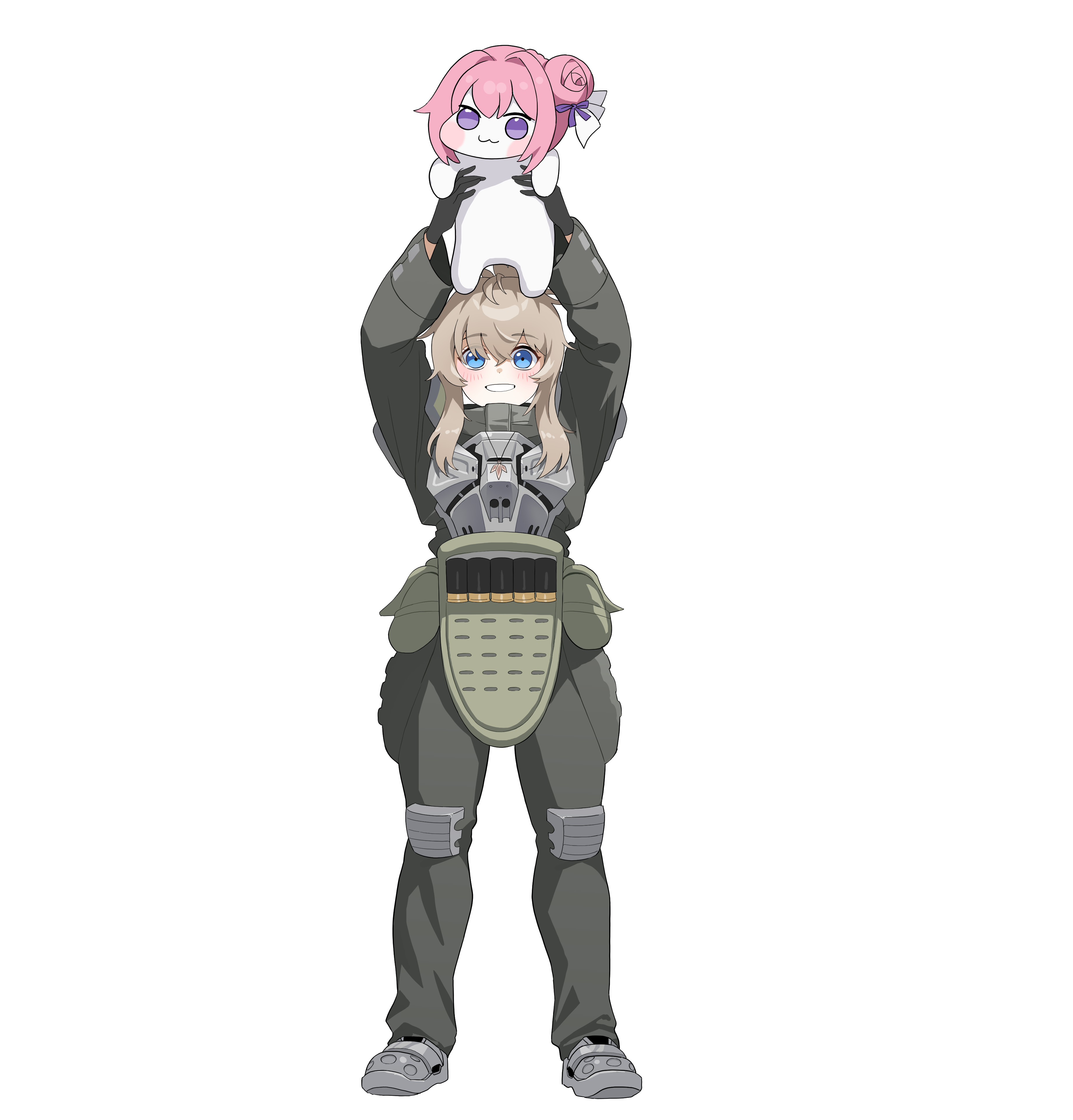 wge, doro (nikke), pinne (nikke), goddess of victory: nikke, absurdres, highres, redrawn, 2girls, :3, black gloves, blue eyes, blush, bulletproof vest, full body, gloves, green jacket, grey pants, grey shoes, jacket, long hair, long sleeves, looking at viewer, multiple girls, pants, pink hair, purple eyes, shoes, smile, standing, teeth