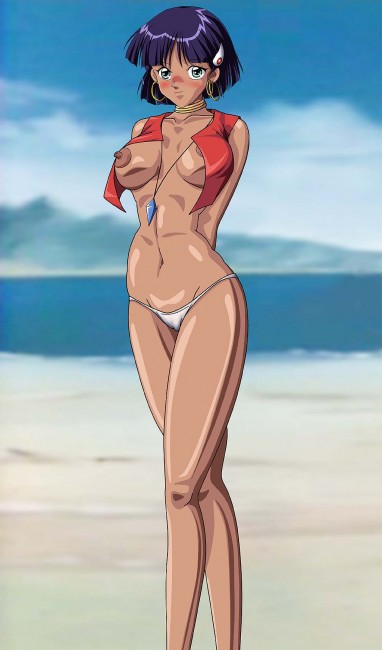 nadia la arwall, fushigi no umi no nadia, 1990s (style), 1girl, bandeau bikini, beach, blush, breasts, earrings, female focus, jewelry, large breasts, navel, nipples, no bra, ocean, outdoors, panties, sky, solo, underwear