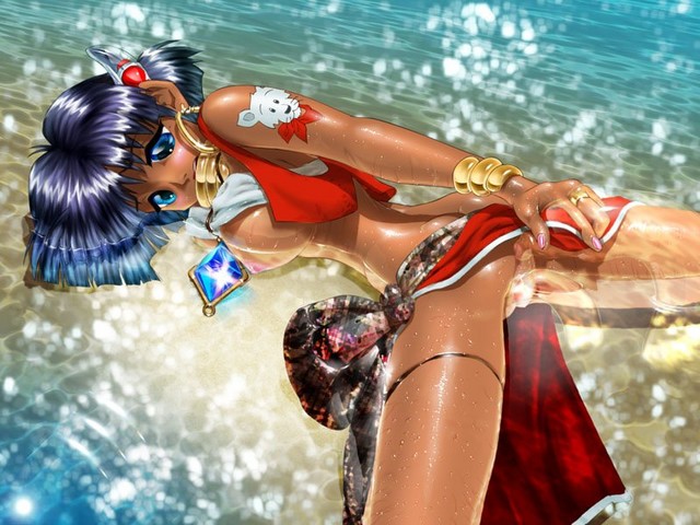 nadia la arwall, fushigi no umi no nadia, 1990s (style), 1girl, bandeau bikini, breasts, dark-skinned female, dark skin, double penetration, earrings, female focus, jewelry, large breasts, multiple penetration, ocean, pussy, retro artstyle, skirt, solo, tattoo, vest