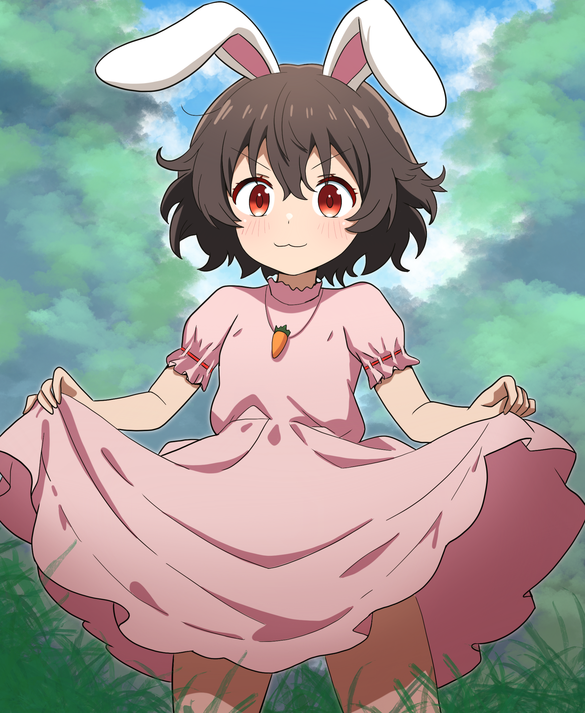sakuraisine, inaba tewi, touhou, commentary request, highres, 1girl, :3, animal ears, blue sky, blush, brown hair, carrot necklace, cloud, cowboy shot, dress, foliage, grass, jewelry, looking at viewer, messy hair, necklace, pink dress, rabbit ears, rabbit girl, red eyes, ribbon-trimmed sleeves, ribbon trim, short hair, short sleeves, skirt hold, sky, solo, thighs