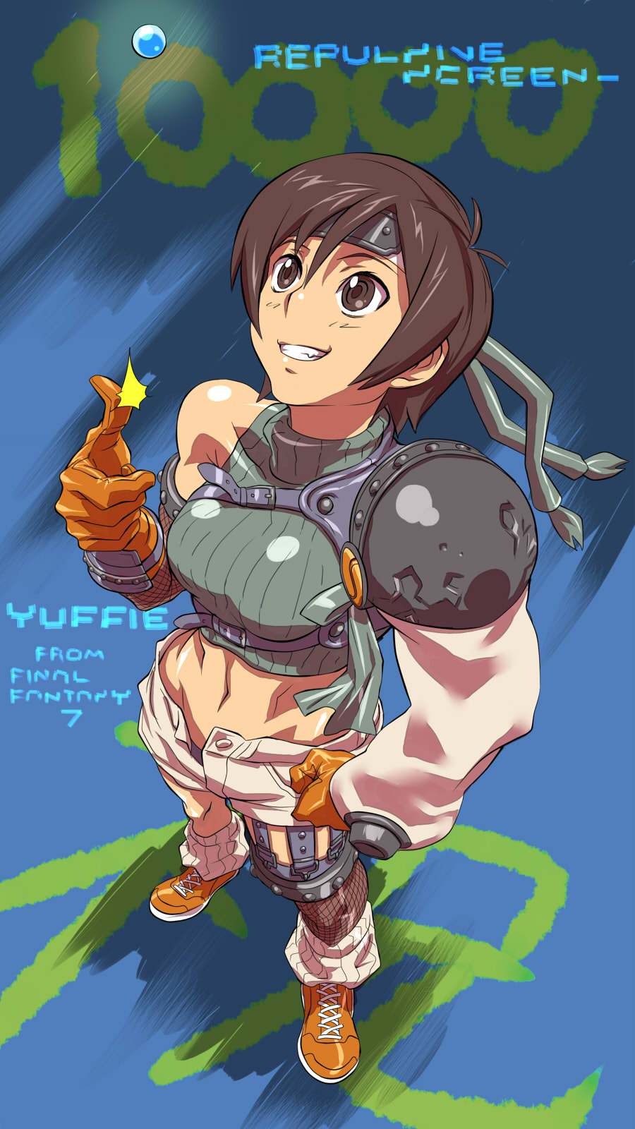 baariya, yuffie kisaragi, final fantasy, final fantasy vii, highres, 1990s (style), 1girl, armor, bare shoulders, breasts, brown eyes, brown hair, character name, copyright name, female focus, fishnets, foreshortening, gloves, materia, midriff, ninja, open fly, retro artstyle, short hair, shorts, sleeveless, sleeveless turtleneck, solo, thumbs up, turtleneck, unzipped