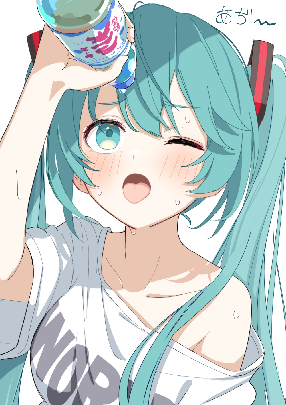 brat (brabrabrat00), hatsune miku, vocaloid, highres, 1girl, bare shoulders, drink, one eye closed, open mouth, solo, sweat, tongue