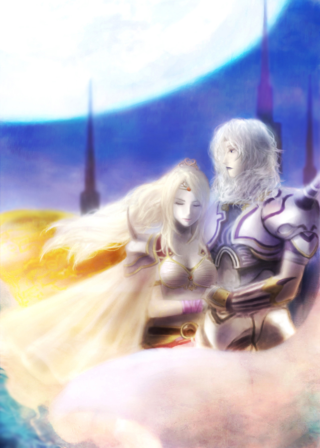 hiyopi, cecil harvey, rosa farrell, final fantasy, final fantasy iv, spoilers, 1990s (style), 1boy, 1girl, armor, belt, blonde hair, bra, cape, circlet, closed eyes, couple, full moon, hair ornament, hetero, holding hands, leotard, lingerie, long hair, midriff, moon, night, pale skin, ponytail, retro artstyle, sky, tiara, underwear, white hair