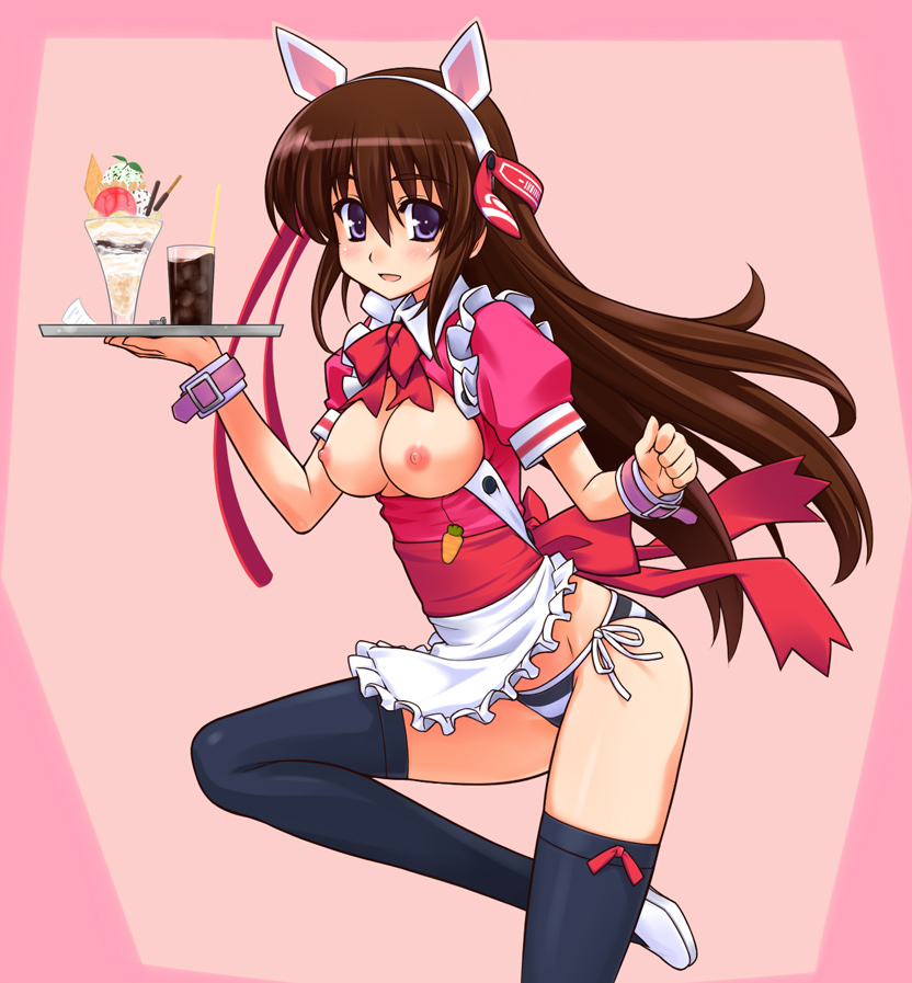 itoji, 1girl, animal ears, blue eyes, blush, bottomless, breasts, breasts out, brown hair, female focus, food, framed breasts, hairband, long hair, medium breasts, nipples, open clothes, open shirt, panties, parfait, pocky, revealing clothes, shirt, side-tie panties, solo, striped clothes, striped panties, thighhighs, topless female, underwear, waitress, wristband