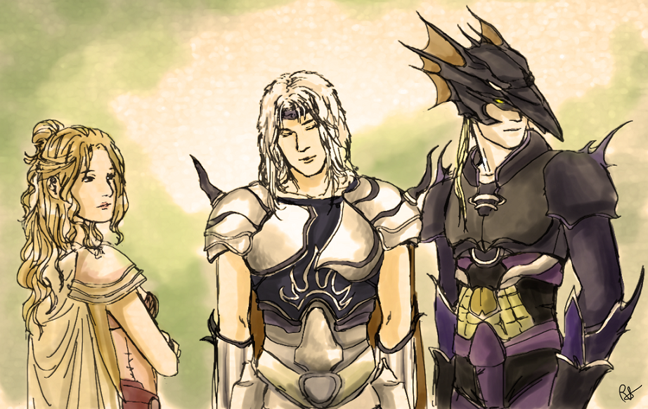 cain highwind, cecil harvey, rosa farrell, final fantasy, final fantasy iv, silver hair, 1990s (style), 1girl, 2boys, armor, belt, blonde hair, bodysuit, breastplate, buckle, clenched hands, headband, helmet, long hair, looking at viewer, looking to the side, multiple boys, skin tight, spikes, wavy hair
