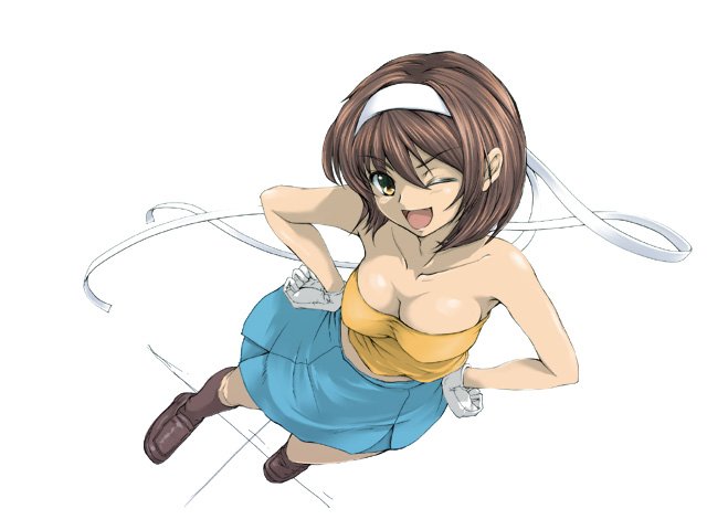 f (pixiv), fuji (artist), suzumiya haruhi, suzumiya haruhi no yuuutsu, 00s, 1girl, bare shoulders, breasts, brown hair, cleavage, female focus, fourth wall, gloves, hairband, hands on own hips, kneehighs, one eye closed, short hair, skirt, socks, solo, strapless, tube top, wink, yellow eyes