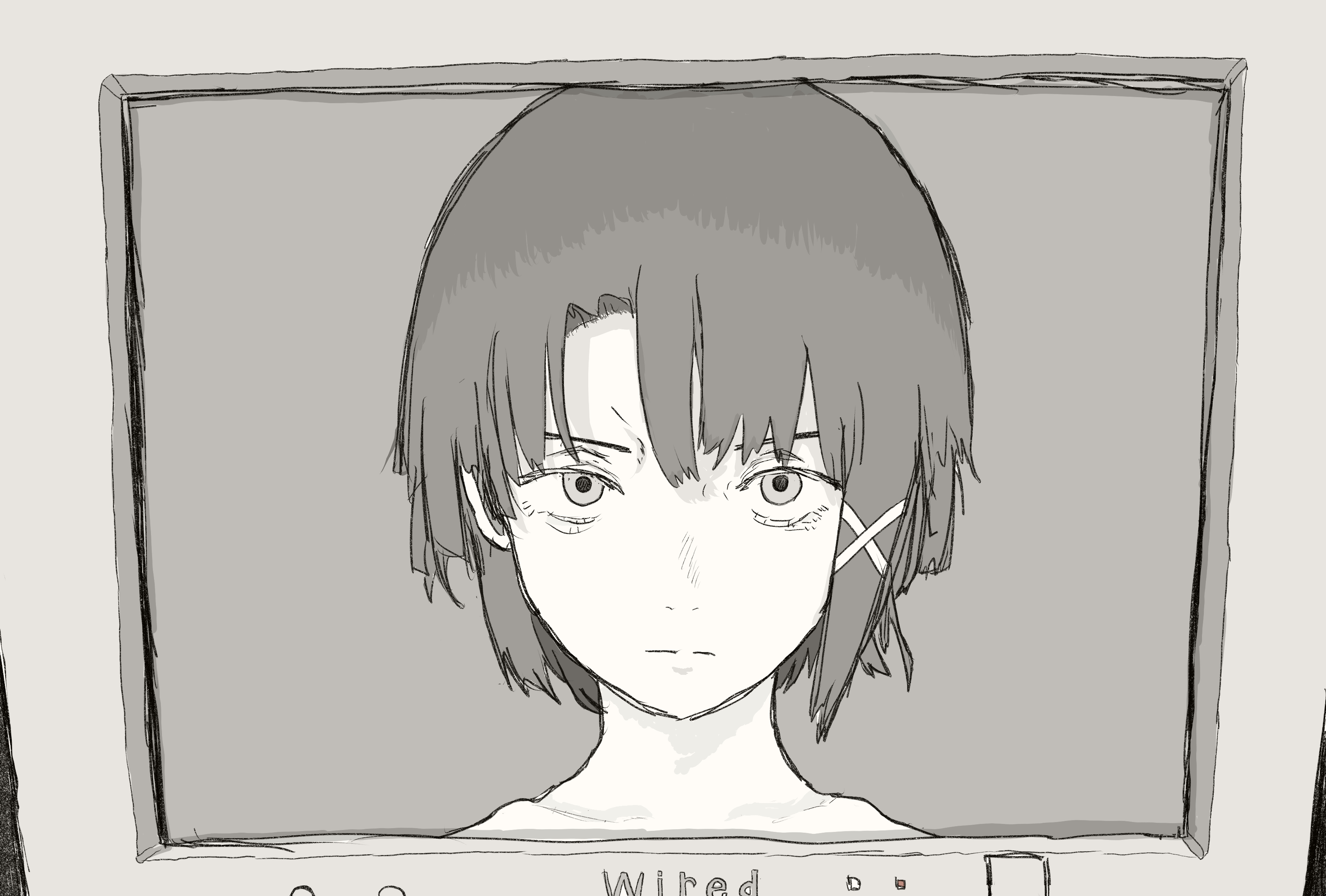 mitiminami777, iwakura lain, serial experiments lain, absurdres, commentary, english commentary, highres, 1girl, asymmetrical hair, closed mouth, cropped head, frown, greyscale, hair ornament, looking at viewer, monitor, monochrome, short hair, single sidelock, solo, straight-on, x hair ornament
