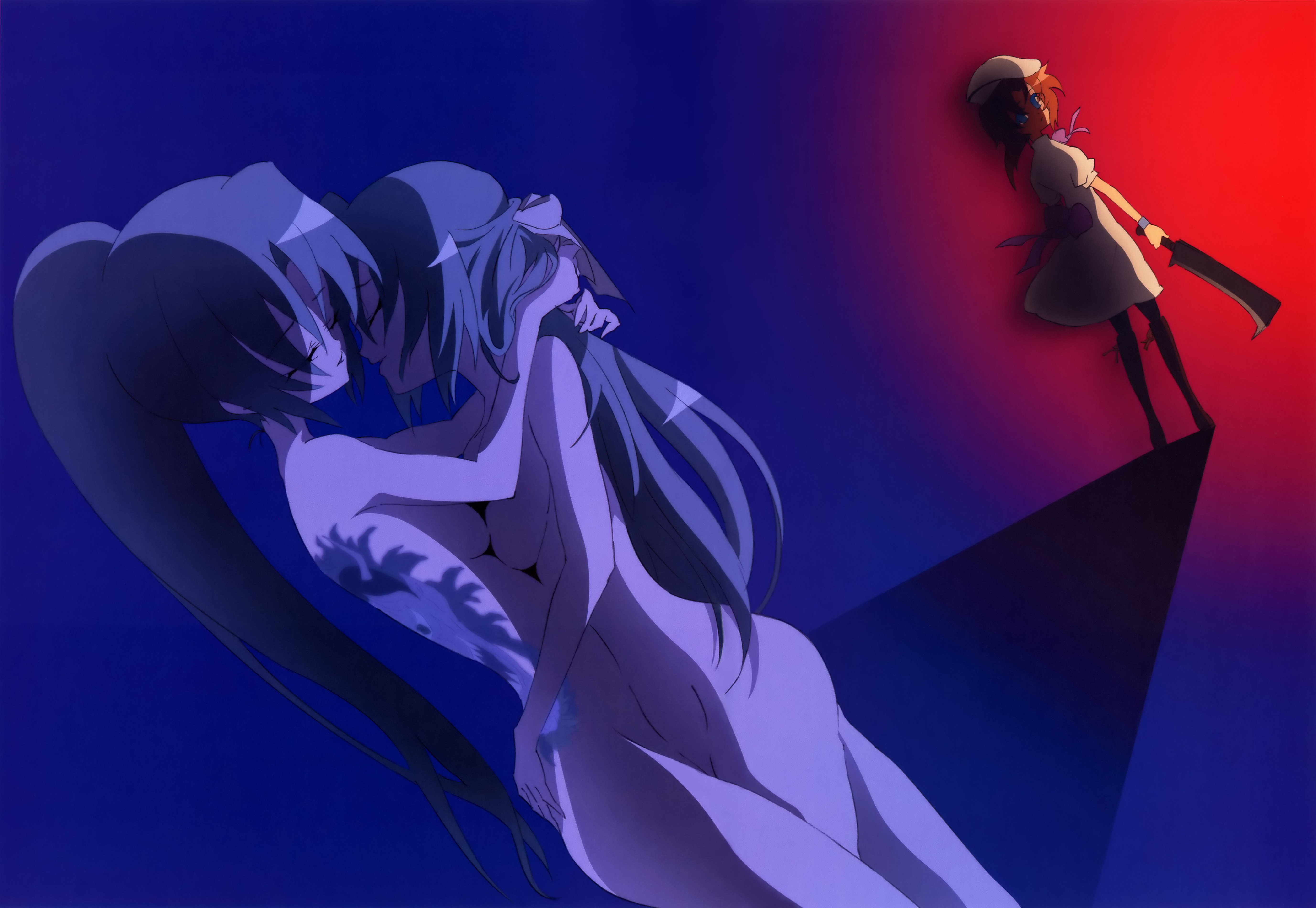 ryuuguu rena, sonozaki mion, sonozaki shion, higurashi no naku koro ni, absurdres, highres, scan, 00s, 3girls, billhook, groin, half updo, hashitsuki nata, hatchet, hug, incest, long hair, multiple girls, nata (tool), nude, ponytail, short hair, siblings, sisters, tattoo, twincest, twins, yuri