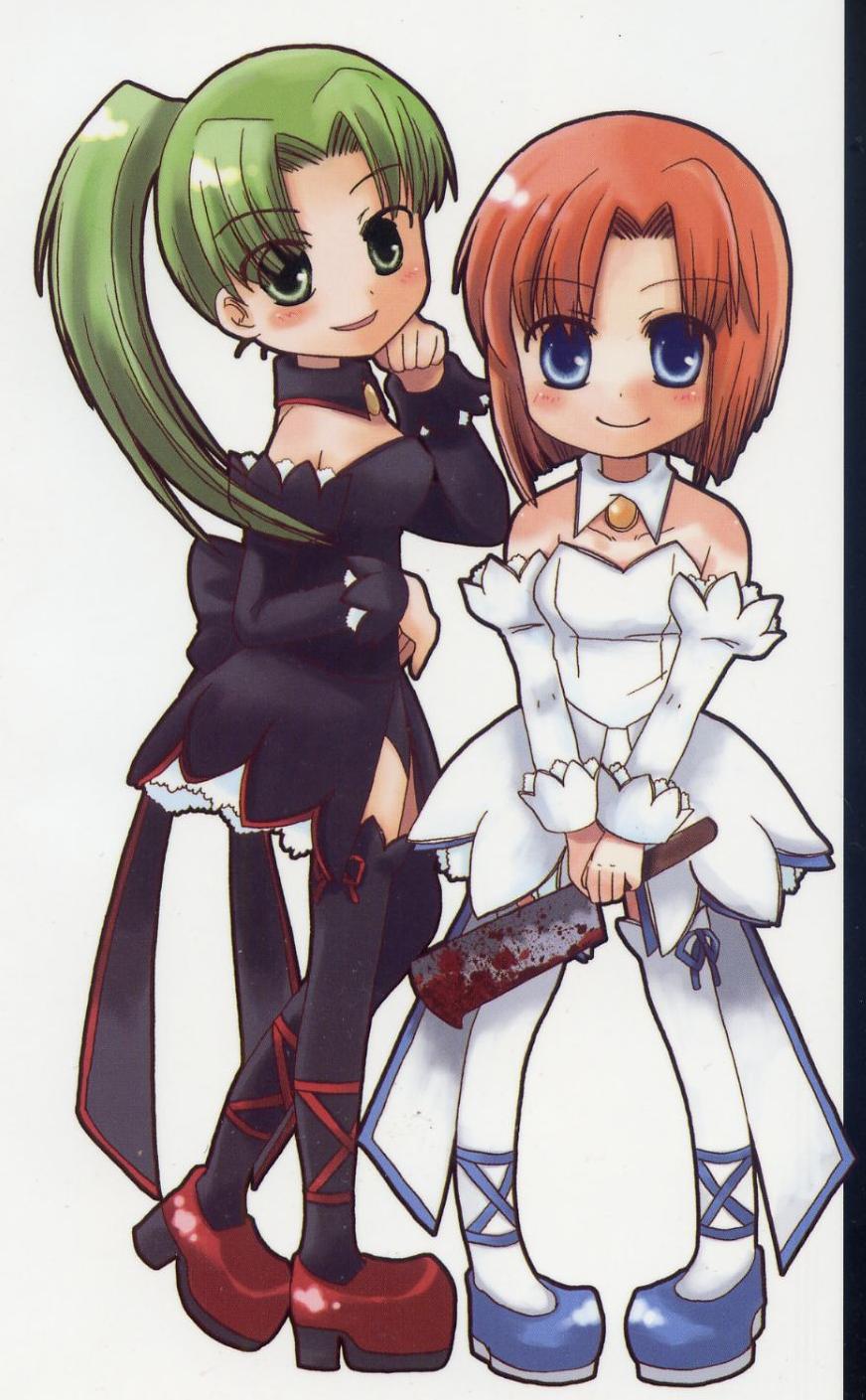 ryuuguu rena, sonozaki mion, higurashi no naku koro ni, highres, 00s, 2girls, angel mort, blood, blue eyes, cleaver, detached collar, green eyes, green hair, hashitsuki nata, hatchet, multiple girls, nata (tool), orange hair, ponytail, red hair, thighhighs