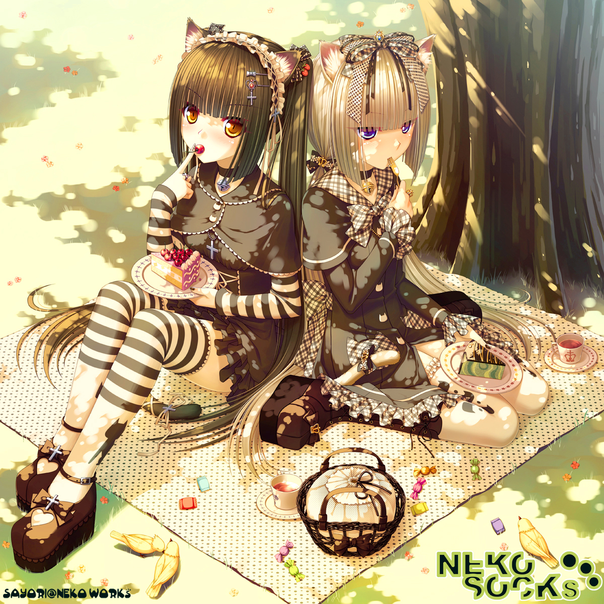 sayori (neko works), chocola (nekopara), vanilla (nekopara), nekopara, original, striped legwear, bad id, bad pixiv id, highres, 10s, 2girls, animal, animal ear fluff, animal ears, bell, bird, blonde hair, blue eyes, bow, brown hair, cake, candy, candy wrapper, cat ears, cat girl, cat tail, cherry, choker, collar, cross, dappled sunlight, eating, food, food-themed clothes, fork, fruit, gothic lolita, hair bow, hair ornament, hair ribbon, hairclip, holding, holding fork, holding plate, jingle bell, latin cross, lolita fashion, long hair, multiple girls, nail polish, neck bell, outdoors, pastry, picnic, plate, ribbon, siblings, sisters, sitting, slit pupils, striped clothes, striped thighhighs, sunlight, tail, tail bow, tail ornament, tail ribbon, tea, thighhighs, tree, twins, twintails, yellow eyes, zettai ryouiki
