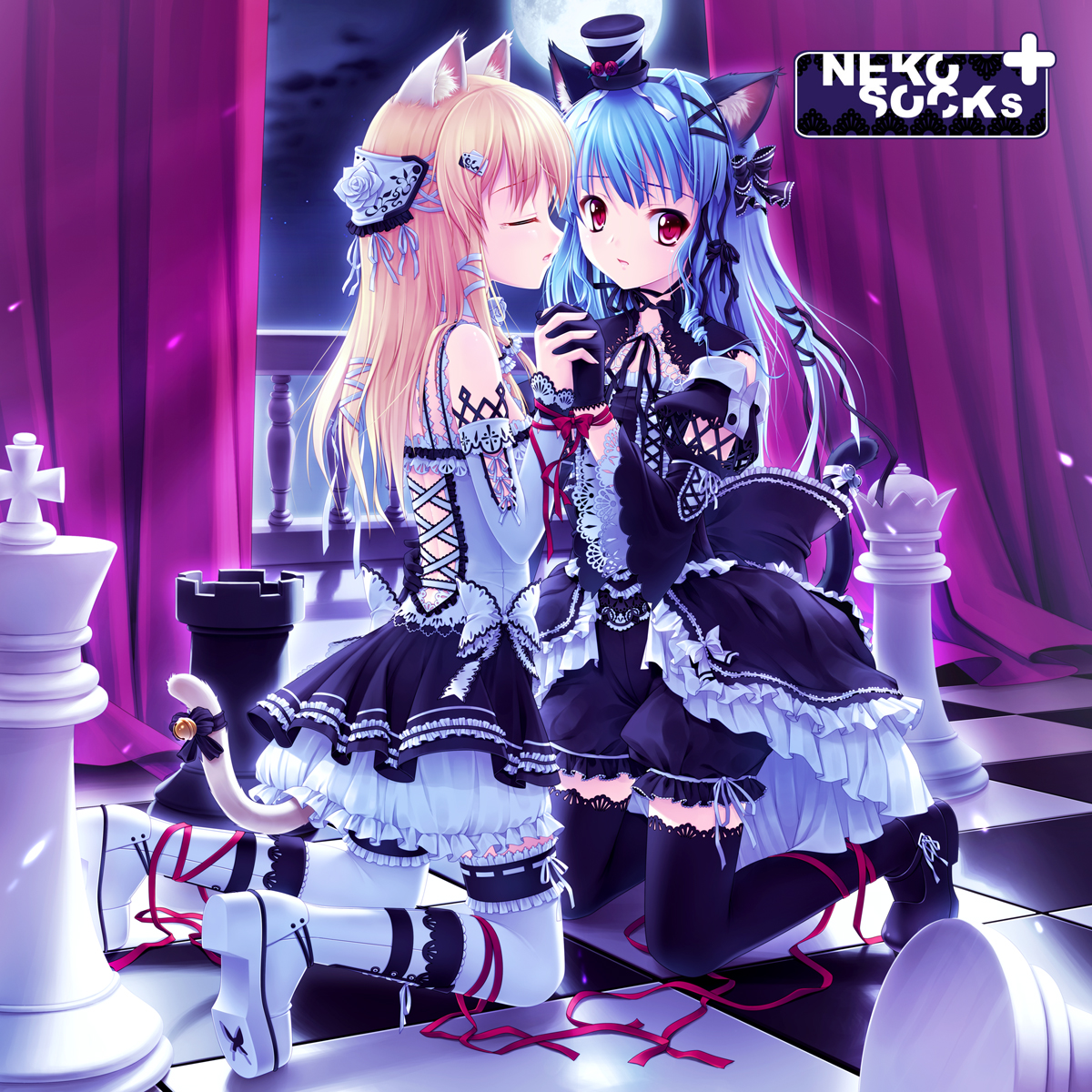 icqoo, sayori (neko works), original, frilled legwear, lace-trimmed legwear, bad id, bad pixiv id, highres, 2girls, animal ears, backlighting, bell, black thighhighs, blonde hair, bloomers, blue hair, board game, cat ears, cat tail, chess, closed eyes, frills, gathers, gloves, gothic lolita, hair ornament, hair ribbon, hat, holding hands, jingle bell, kneeling, lace, lace trim, lolita fashion, long hair, mini hat, mini top hat, moon, multiple girls, red eyes, ribbon, shoes, slit pupils, tail, tail bell, tail ornament, tail ribbon, thighhighs, top hat, underwear, white thighhighs, zettai ryouiki