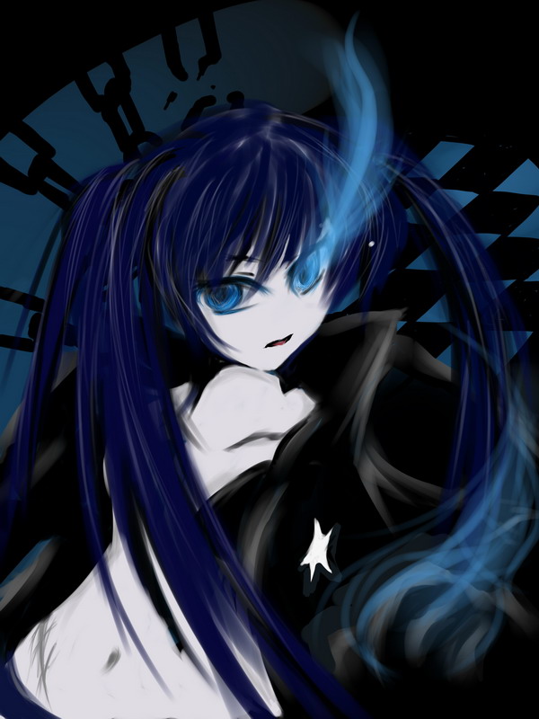 yaruku, black rock shooter (character), hatsune miku, black rock shooter, vocaloid, 10s, 1girl, black hair, blue eyes, female focus, long hair, midriff, scar, shorts, solo, twintails
