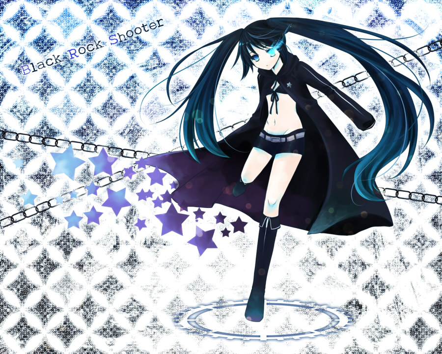 whitemoon, black rock shooter (character), hatsune miku, black rock shooter, vocaloid, 10s, 1girl, belt, black hair, blue eyes, boots, cape, chain, female focus, flat chest, long hair, midriff, scar, shorts, solo, twintails