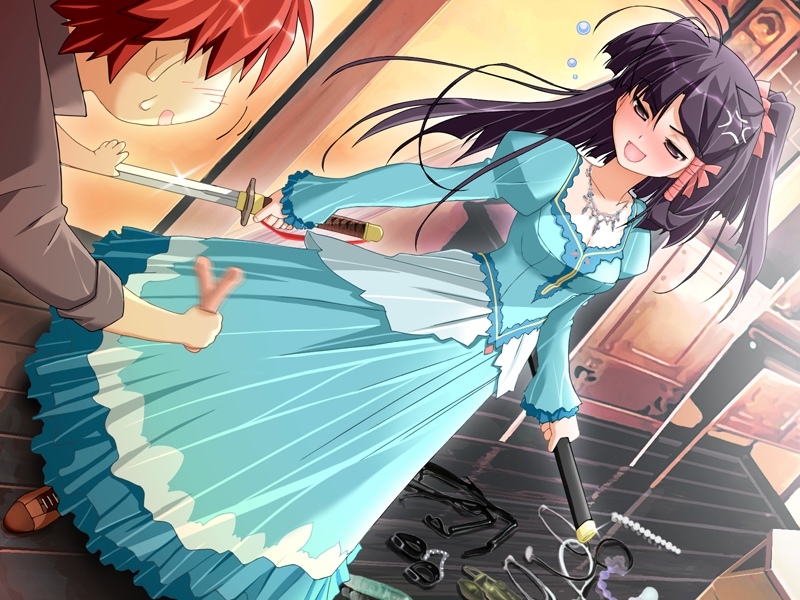 akata itsuki, misara, hime-sama ririshiku!, game cg, 1boy, 1girl, anger vein, black eyes, black hair, dress, drunk, jewelry, katana, kitchen, long hair, necklace, purple eyes, purple hair, sex toy, side ponytail, slingshot (weapon), solo focus, sword, toy, weapon