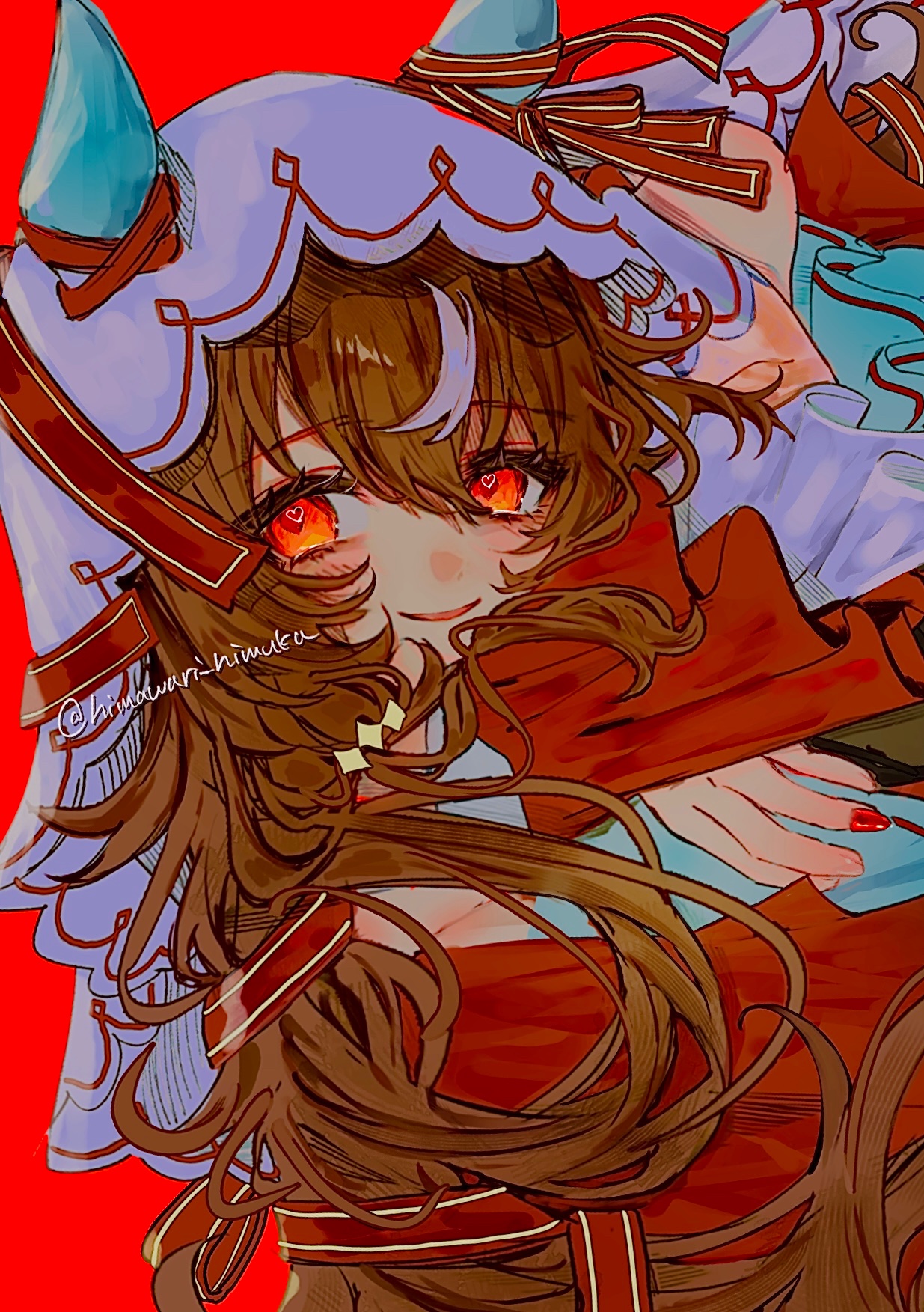 himawari himuka, still in love (umamusume), umamusume, highres, 1girl, animal ears, blush, brown hair, detached sleeves, dress, ear covers, hair between eyes, hair ornament, horse ears, horse girl, long hair, looking at viewer, open mouth, parted lips, red background, red dress, red eyes, red nails, smile, solo, still in love (scarlet vow raiment) (umamusume), veil, white veil