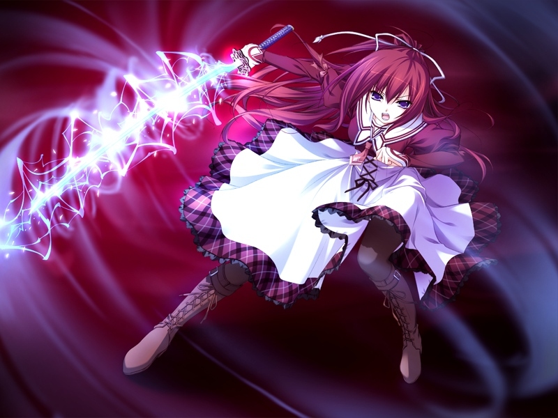 kurosaki, kusakabe misuzu, 11eyes, 5pb., shuumatsu shoujo gensou alicematic, game cg, 00s, 1girl, blue eyes, boots, brown boots, dress, female focus, lightning, long hair, pantyhose, ponytail, red hair, school uniform, serafuku, solo, sword, weapon