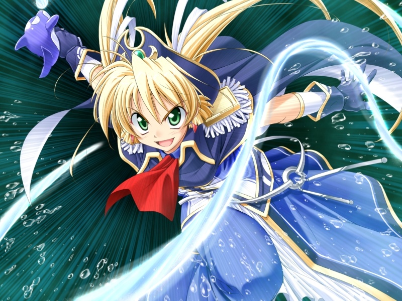 takeya masami, liliana lun lun guenther, princess waltz, game cg, 1girl, :d, angry, ascot, belt, blonde hair, dress, female focus, fighting stance, gloves, green eyes, hair ribbon, hat, jewelry, leaning forward, long hair, motion blur, naughty face, open mouth, outstretched arms, pirate, ribbon, running, smile, solo, spread arms, twintails, very long hair, water, water gun, whale