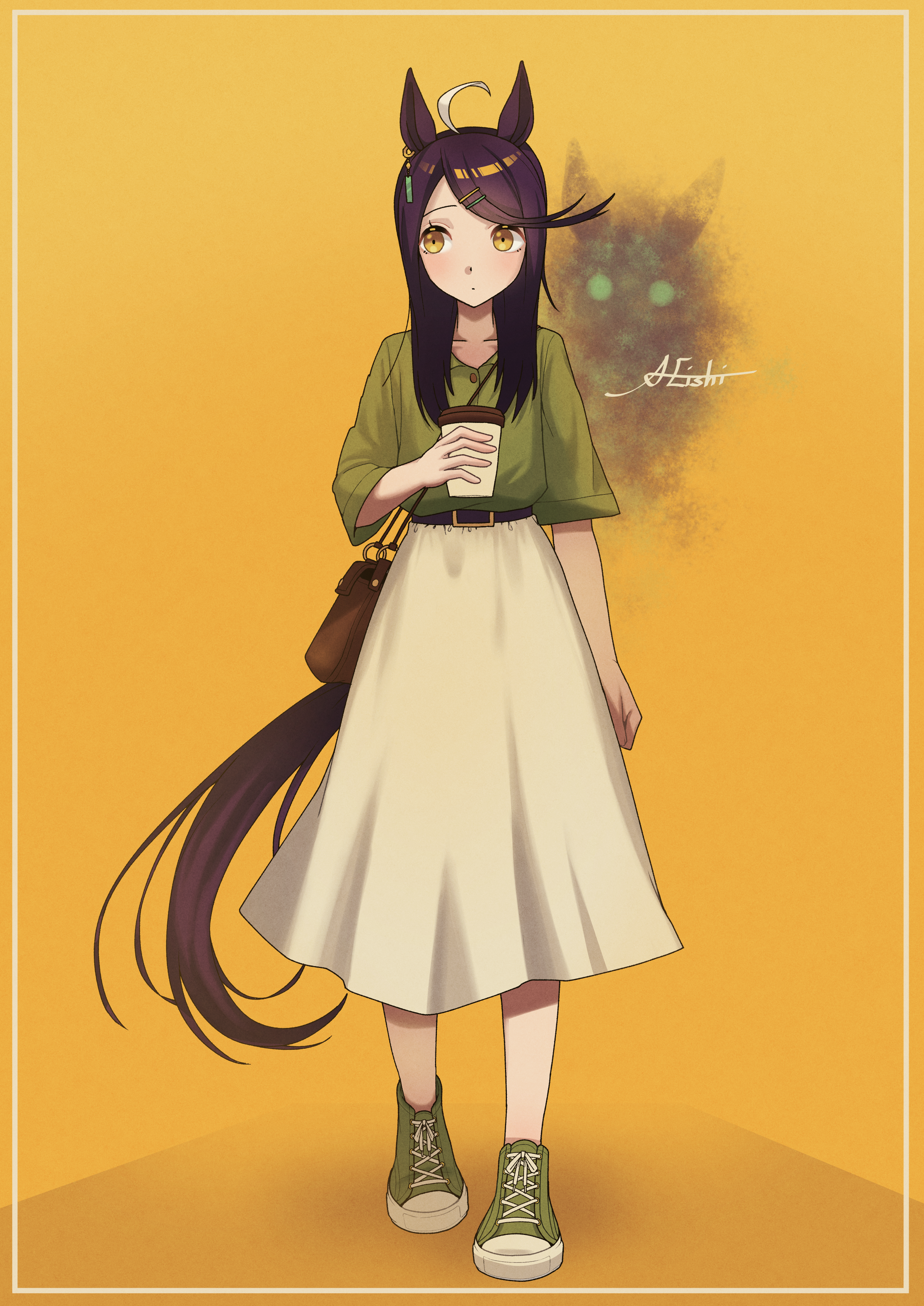 a4 (a4 eishi), manhattan cafe (umamusume), sunday silence (racehorse), umamusume, absurdres, highres, 1girl, ahoge, animal ears, bag, belt, black belt, closed mouth, collarbone, cup, disposable cup, dot mouth, ear ornament, ear tag, earrings, green shirt, green shoes, hair ornament, hairclip, holding, holding cup, horse ears, horse girl, horse tail, jewelry, long sleeves, multicolored hair, shirt, shirt tucked in, shoes, shoulder bag, single earring, skirt, solo, swept bangs, tail, white hair, white skirt, yellow eyes