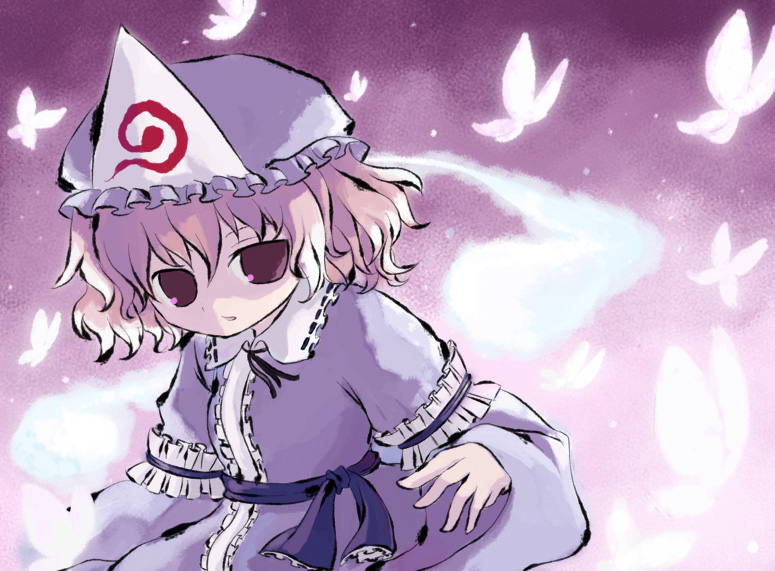 ichii, ichii (retroco), saigyouji yuyuko, touhou, bad id, bad pixiv id, 1girl, dress, female focus, gradient background, hat, japanese clothes, kimono, pink hair, short hair, solo