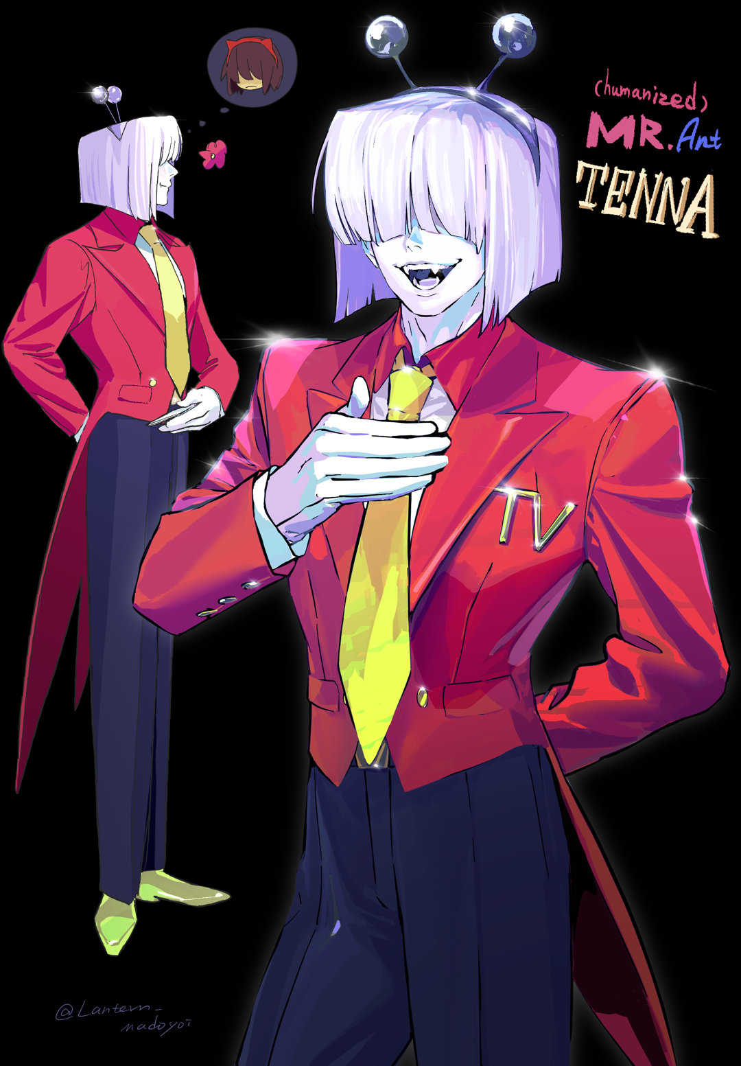 lantern madoyoi, ant tenna, kris (deltarune), deltarune, utdr (toby fox), chinese commentary, commentary request, highres, 1boy, 1other, arm behind back, black pants, blunt ends, bob cut, brown hair, character name, coattails, collared shirt, colored skin, english text, fake horns, fangs, hair over eyes, hand on own chest, horn hairband, horns, humanization, jacket, long sleeves, male focus, necktie, open mouth, pants, radio antenna, red horns, red jacket, shirt, shoes, short hair, signature, white hair, white skin, yellow necktie, yellow shoes
