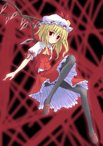 gumoyu, flandre scarlet, touhou, bad id, bad pixiv id, lowres, 1girl, blonde hair, female focus, full body, hat, mob cap, pantyhose, ponytail, ribbon, short hair, solo, wings