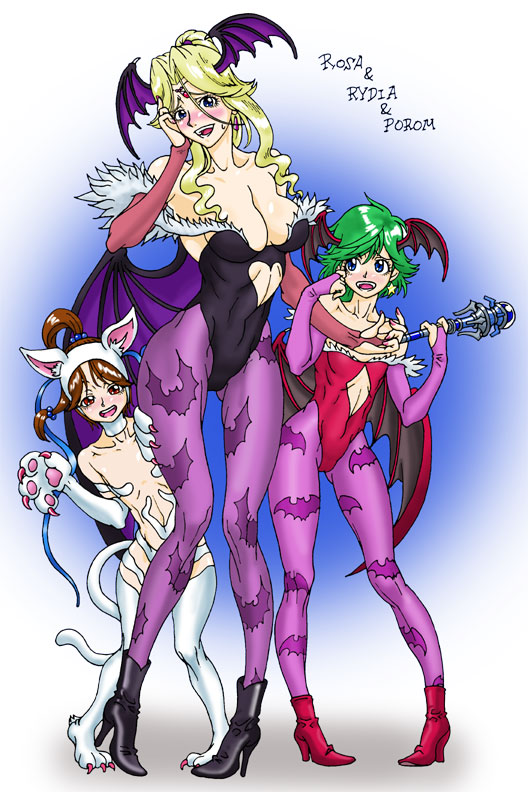shuninshunin, felicia (darkstalkers), lilith (darkstalkers), morrigan aensland, porom, rosa farrell, rydia (adult) (ff4), rydia (ff4), capcom, darkstalkers, final fantasy, final fantasy iv, print legwear, 3girls, animal hands, animal print, bat print, character name, cosplay, demon girl, felicia (darkstalkers) (cosplay), green hair, head wings, leotard, lilith (darkstalkers) (cosplay), morrigan aensland (cosplay), multiple girls, pantyhose, patterned legwear, purple pantyhose, red leotard, wings