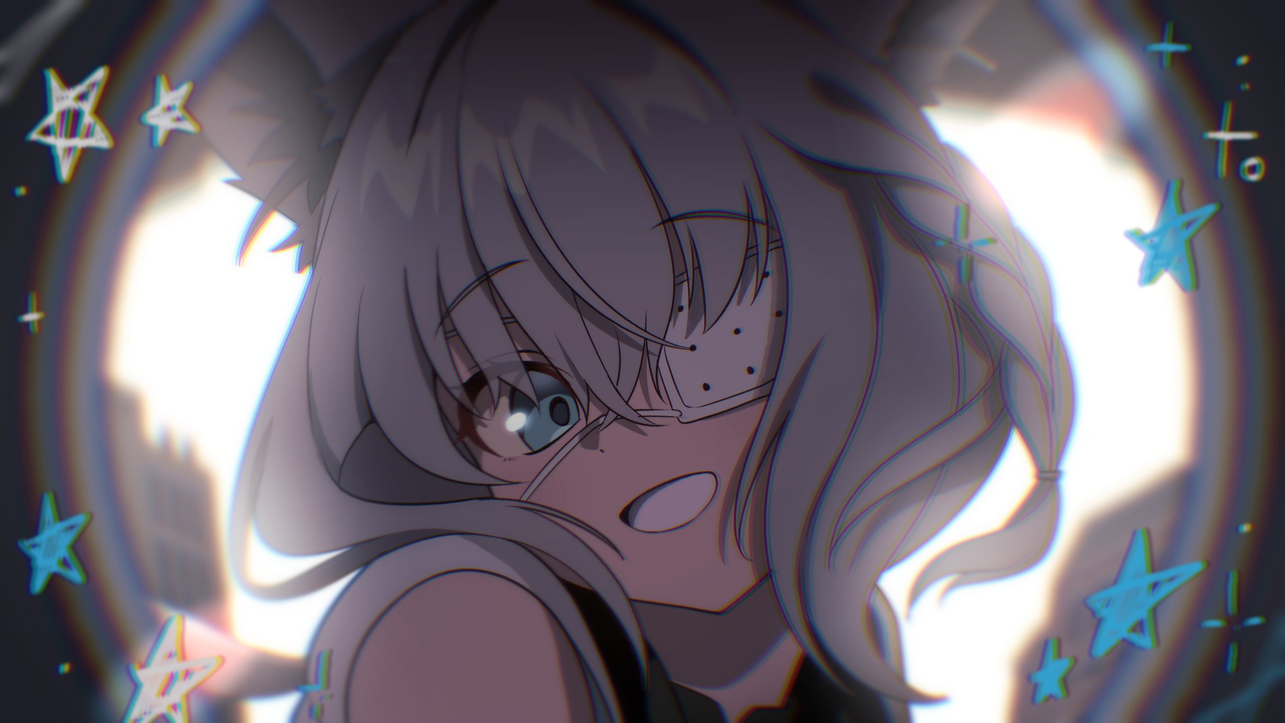 kumarang, shirakami fubuki, hololive, monitoring (vocaloid), highres, 1girl, eyepatch, solo, virtual youtuber, white hair