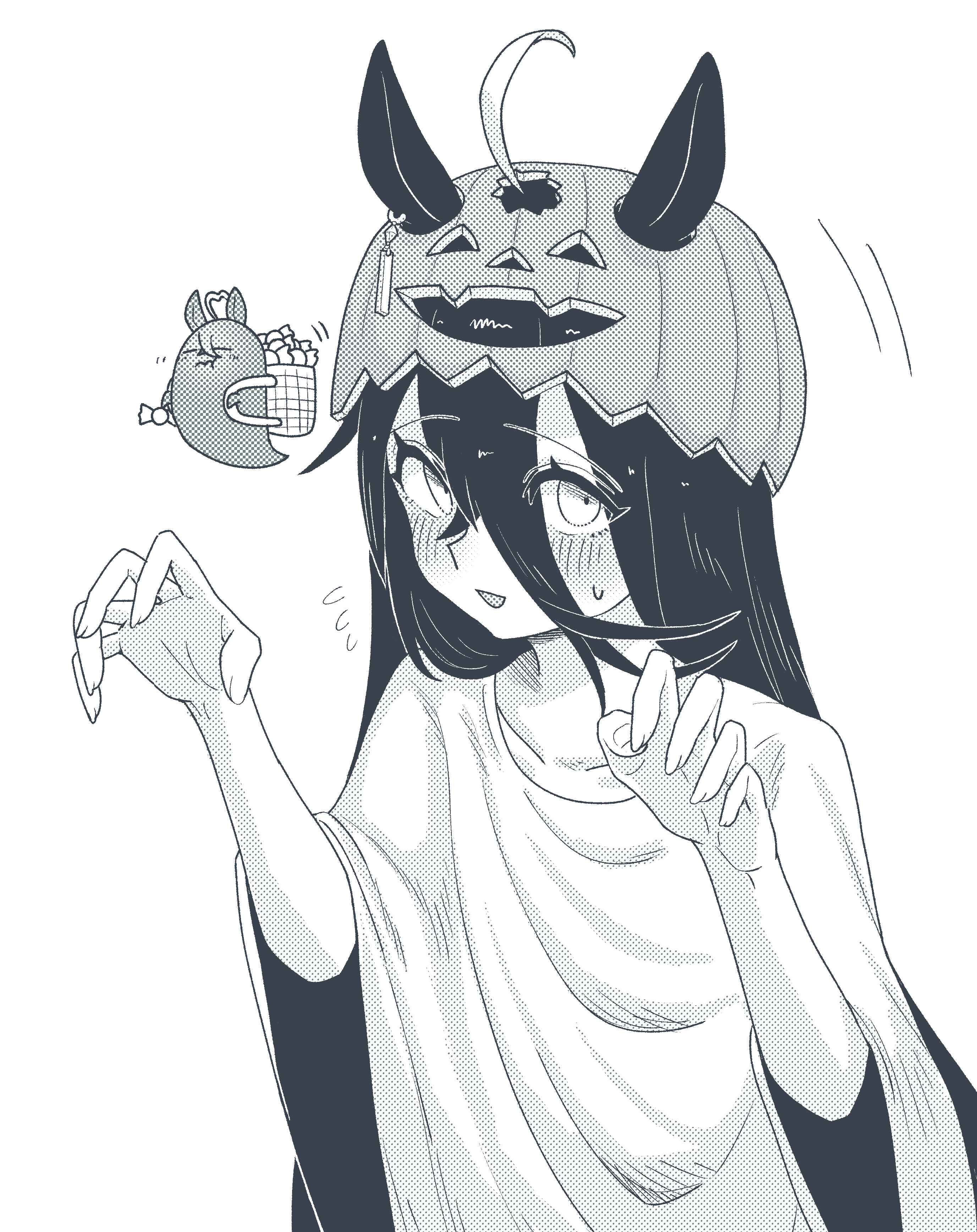 a4 (a4 eishi), manhattan cafe (umamusume), umamusume, absurdres, highres, 1girl, ahoge, animal ears, blush, ear ornament, ear tag, earrings, ears through headwear, flying sweatdrops, ghost pose, hair between eyes, hair through headwear, horse ears, horse girl, jewelry, long bangs, long hair, long hair between eyes, long sleeves, motion lines, multicolored hair, open mouth, oversized clothes, oversized shirt, shirt, simple background, single earring, smile, solo, very long hair, white background, wide sleeves