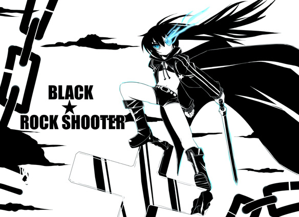 mad (hazukiken), mad (pixiv), black rock shooter (character), hatsune miku, black rock shooter, vocaloid, 10s, 1girl, black hair, blue eyes, chain, cross, female focus, full body, midriff, monochrome, navel, solo, spot color, sword, twintails, weapon