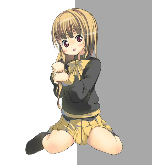 original, 1girl, :o, black socks, blush, bow, bowtie, brown hair, female focus, kneehighs, long sleeves, looking at viewer, parted lips, pleated skirt, red eyes, school uniform, serafuku, short hair, sitting, skirt, socks, solo, two-tone background, wariza, yellow bow, yellow bowtie