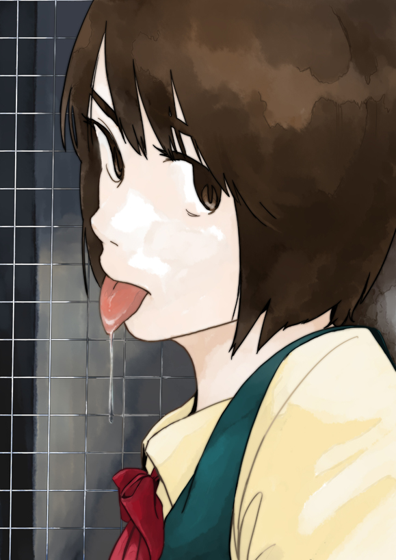 tanaka hirotaka, original, 1girl, :p, brown eyes, brown hair, female focus, saliva, saliva trail, short hair, solo, tongue, tongue out
