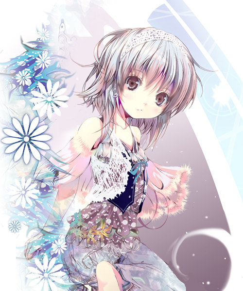 yamamoto nori, original, silver hair, brown eyes, flower, hairband, lace hairband, short hair, solo