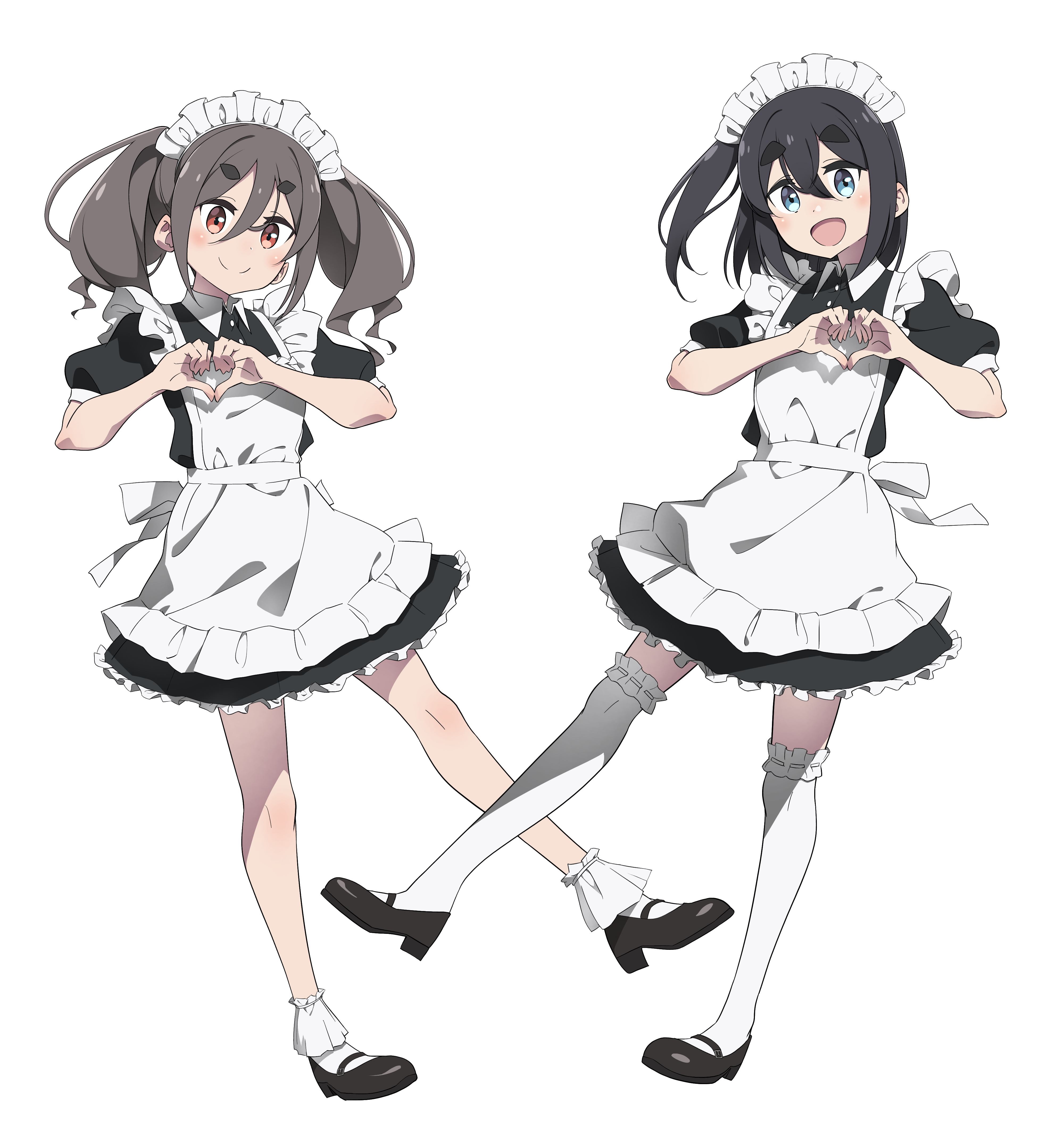 yas (yosiyasuyasu), amamiya satsuki (mono), kiriyama an, mono (afro), absurdres, highres, 2girls, :d, alternate costume, black hair, blue eyes, brown hair, enmaided, heart, heart hands, maid, multiple girls, open mouth, orange eyes, side ponytail, smile, standing, standing on one leg, thick eyebrows, thighhighs, twintails, white background, white thighhighs