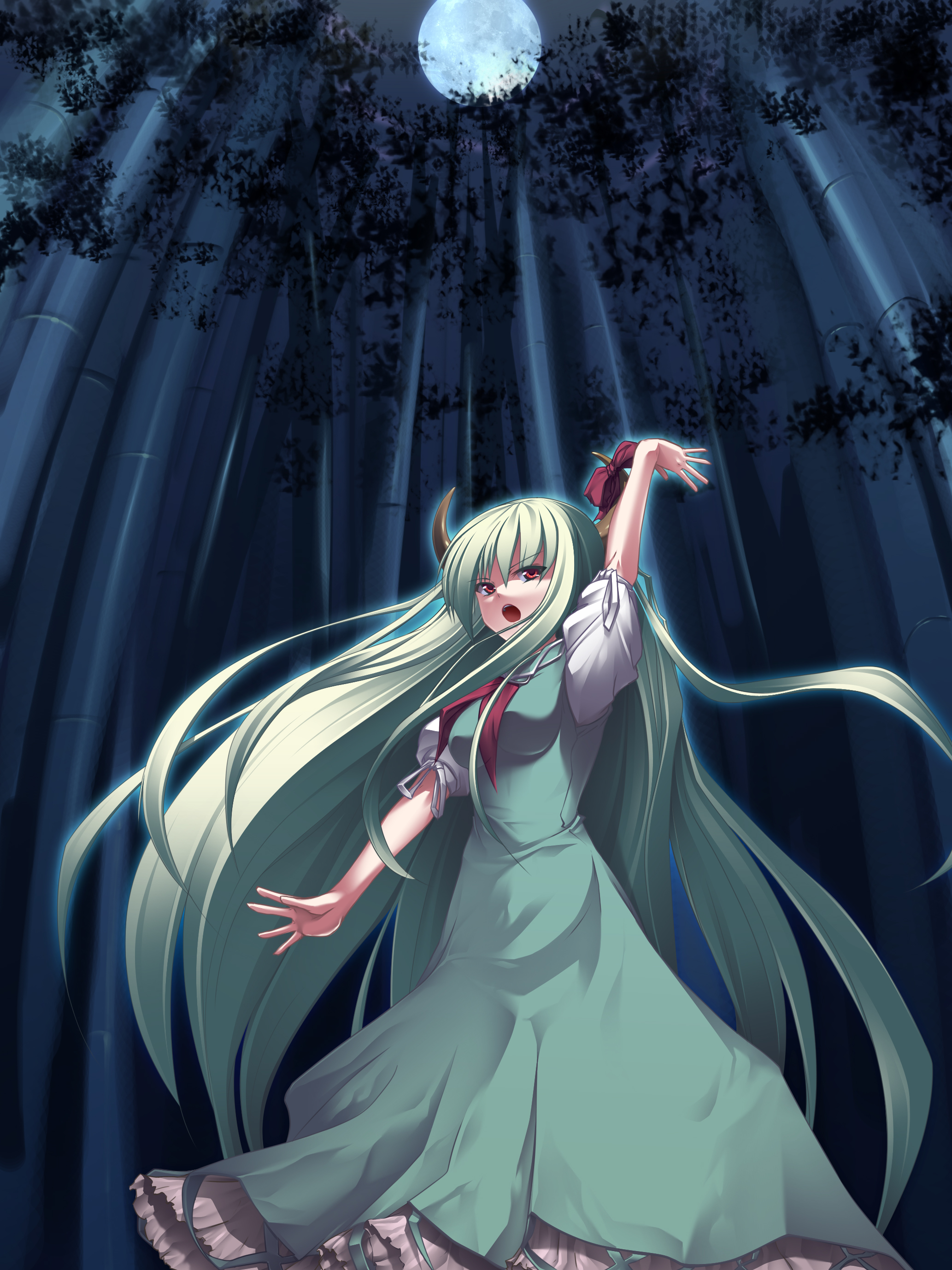 date hajime, ex-keine, kamishirasawa keine, touhou, absurdres, highres, 1girl, bamboo, bamboo forest, female focus, forest, green hair, horn ornament, horn ribbon, horns, long hair, moon, nature, red eyes, ribbon, solo